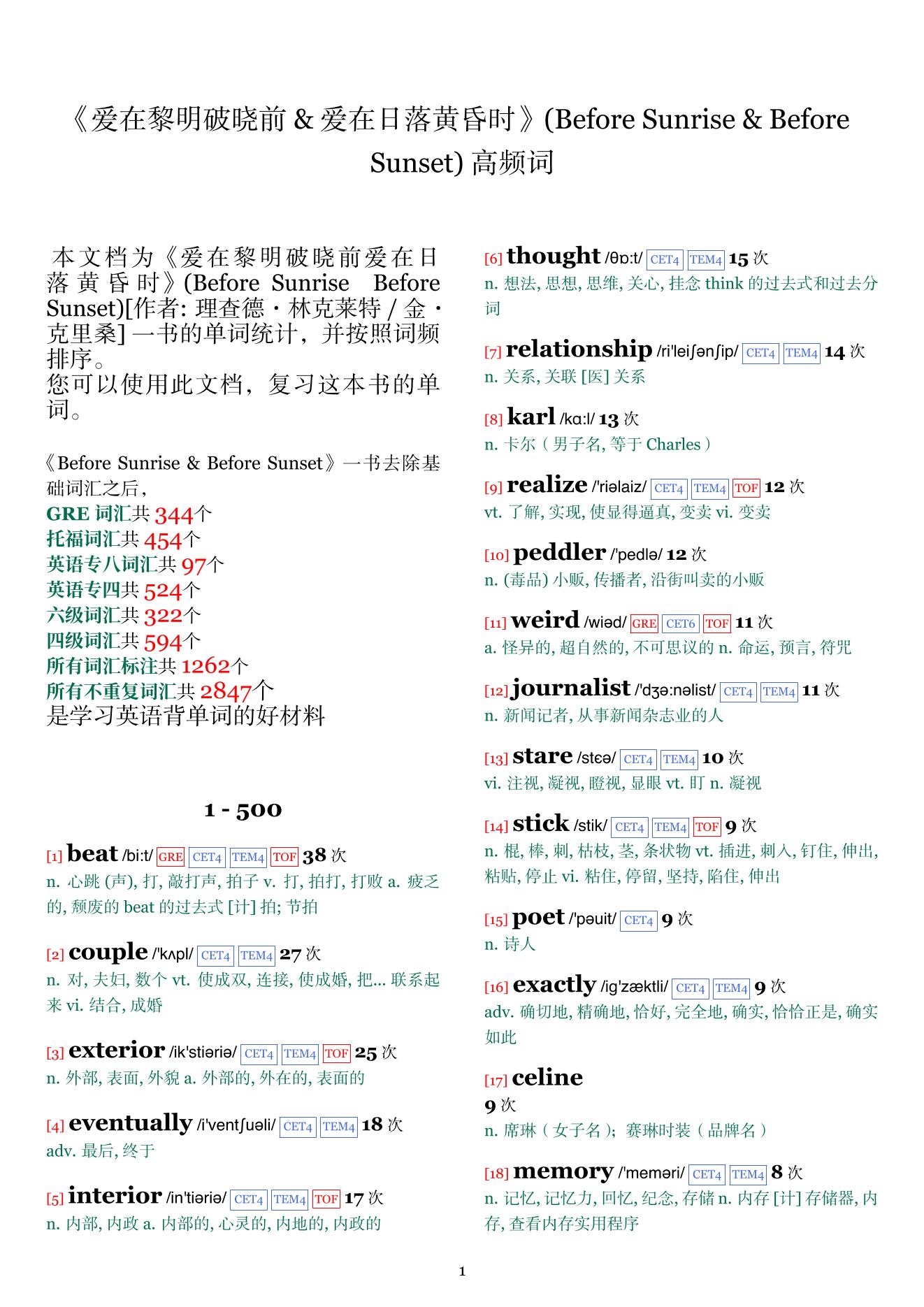 Before Sunrise & Before Sunset词频统计
