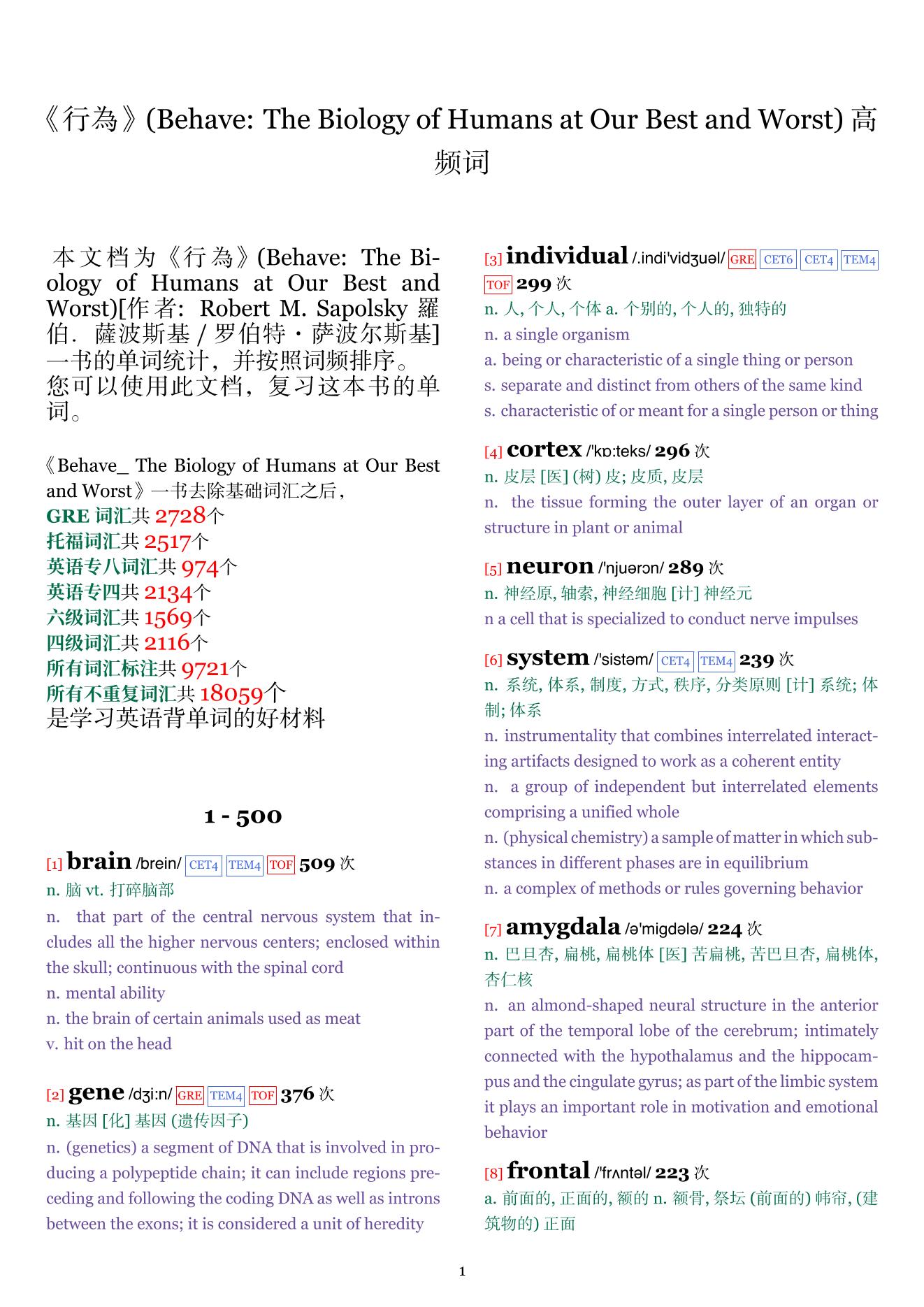 Behave: The Biology of Humans at Our Best and Worst词频统计