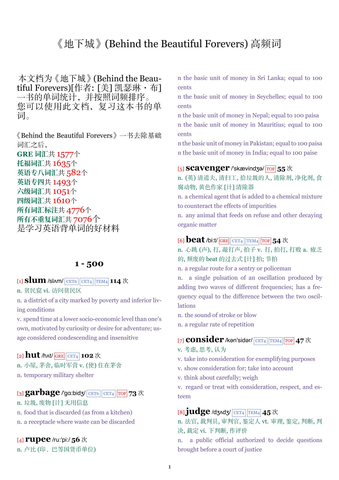 Behind the Beautiful Forevers词频统计