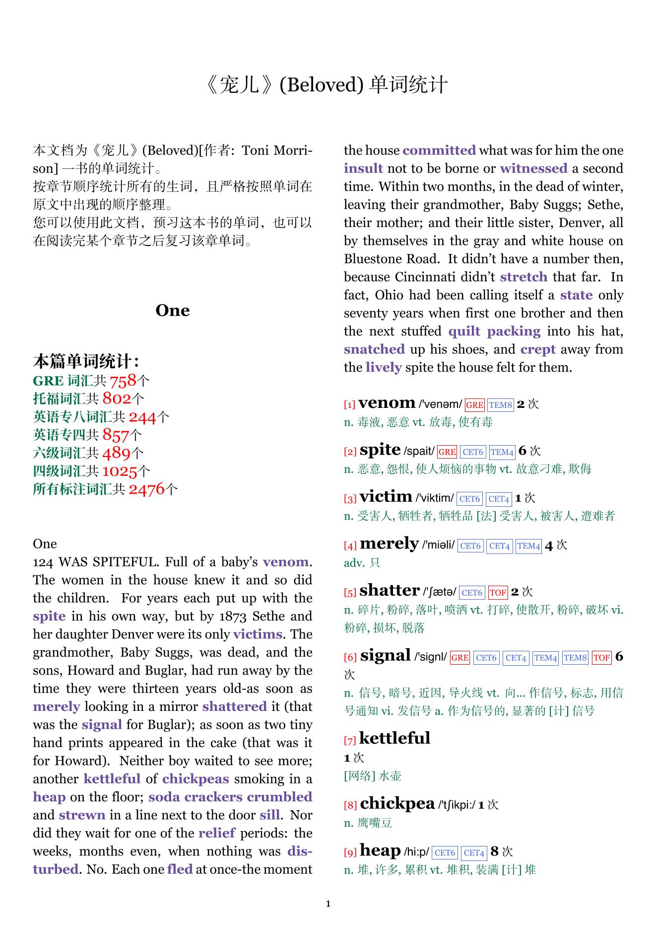Beloved章节单词统计