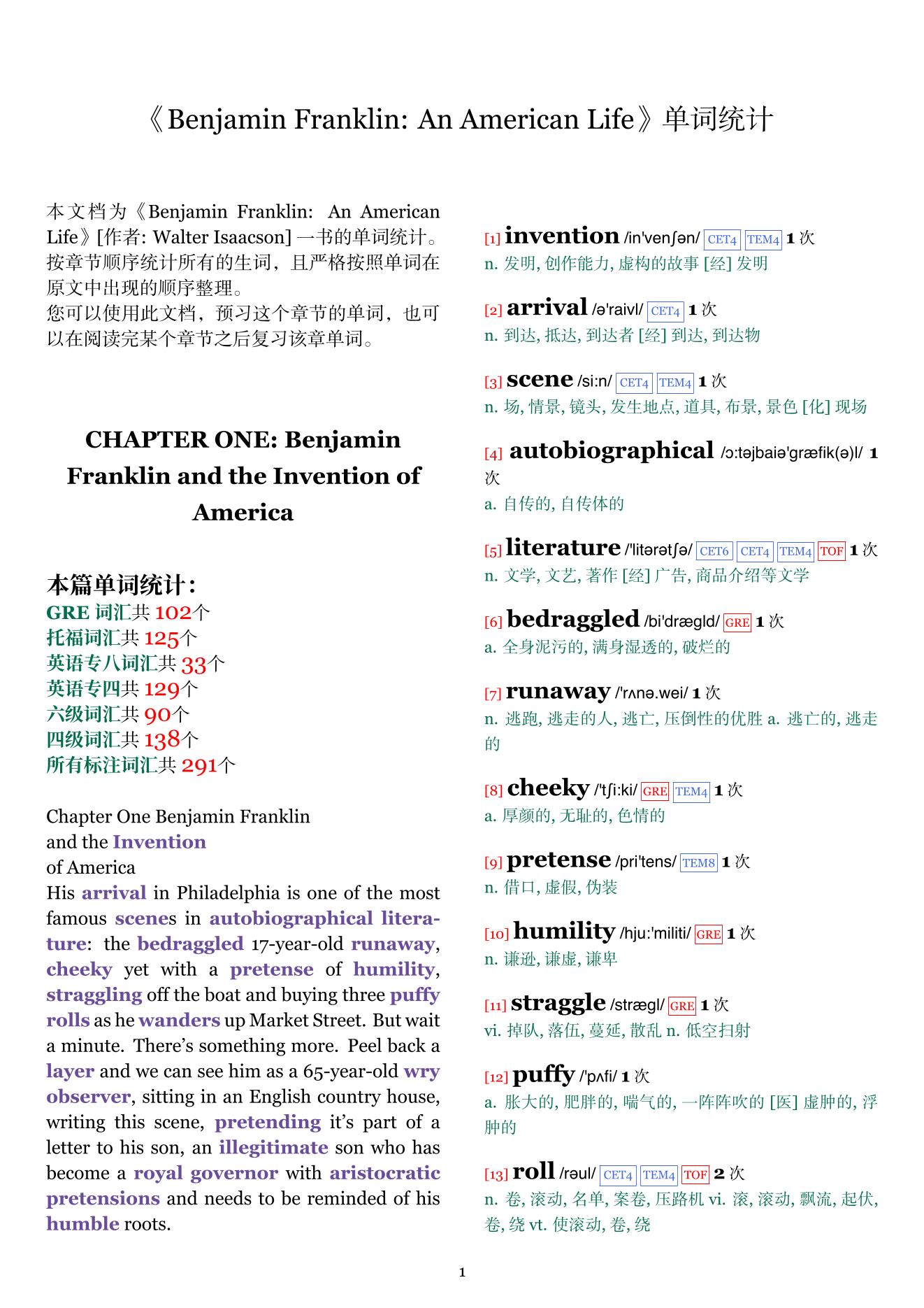 Benjamin Franklin: An American Life章节单词统计