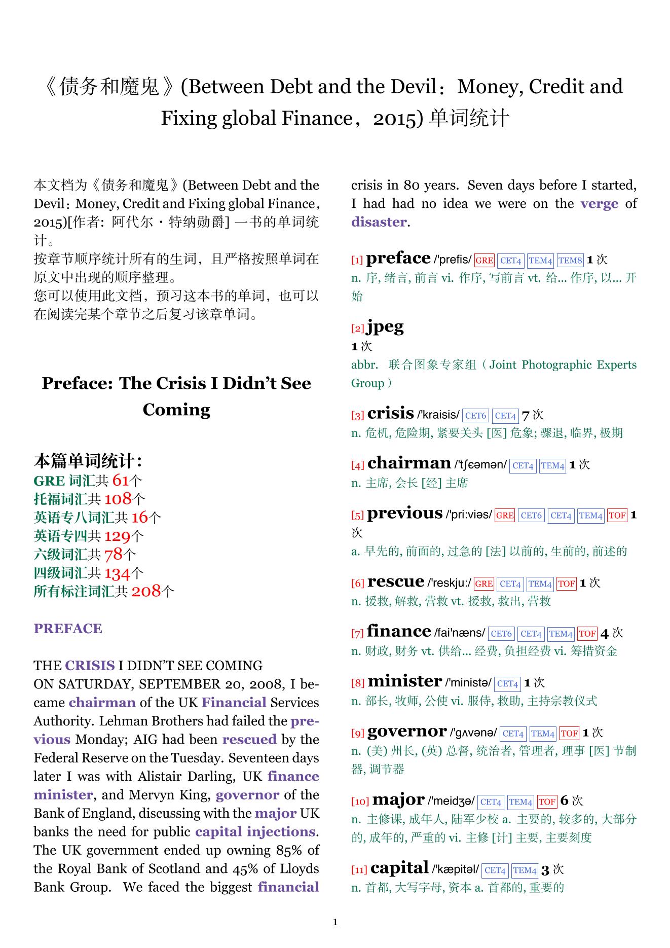 Between Debt and the Devil： Money, Credit and Fixing global Finance，2015章节单词统计