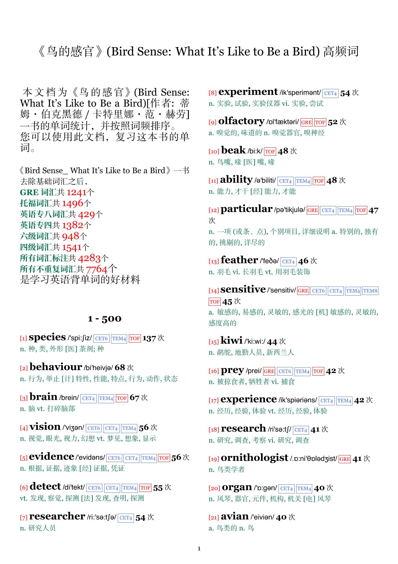 Bird Sense: What It's Like to Be a Bird词频统计