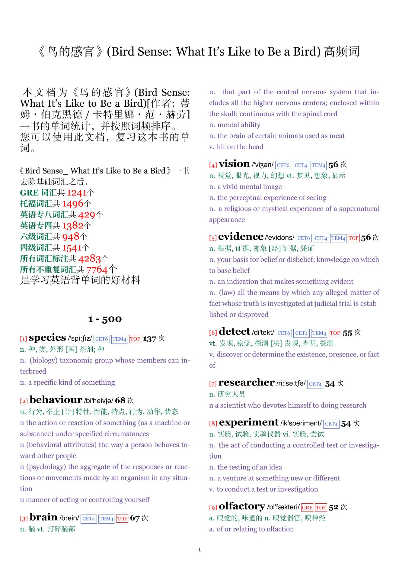 Bird Sense: What It's Like to Be a Bird词频统计