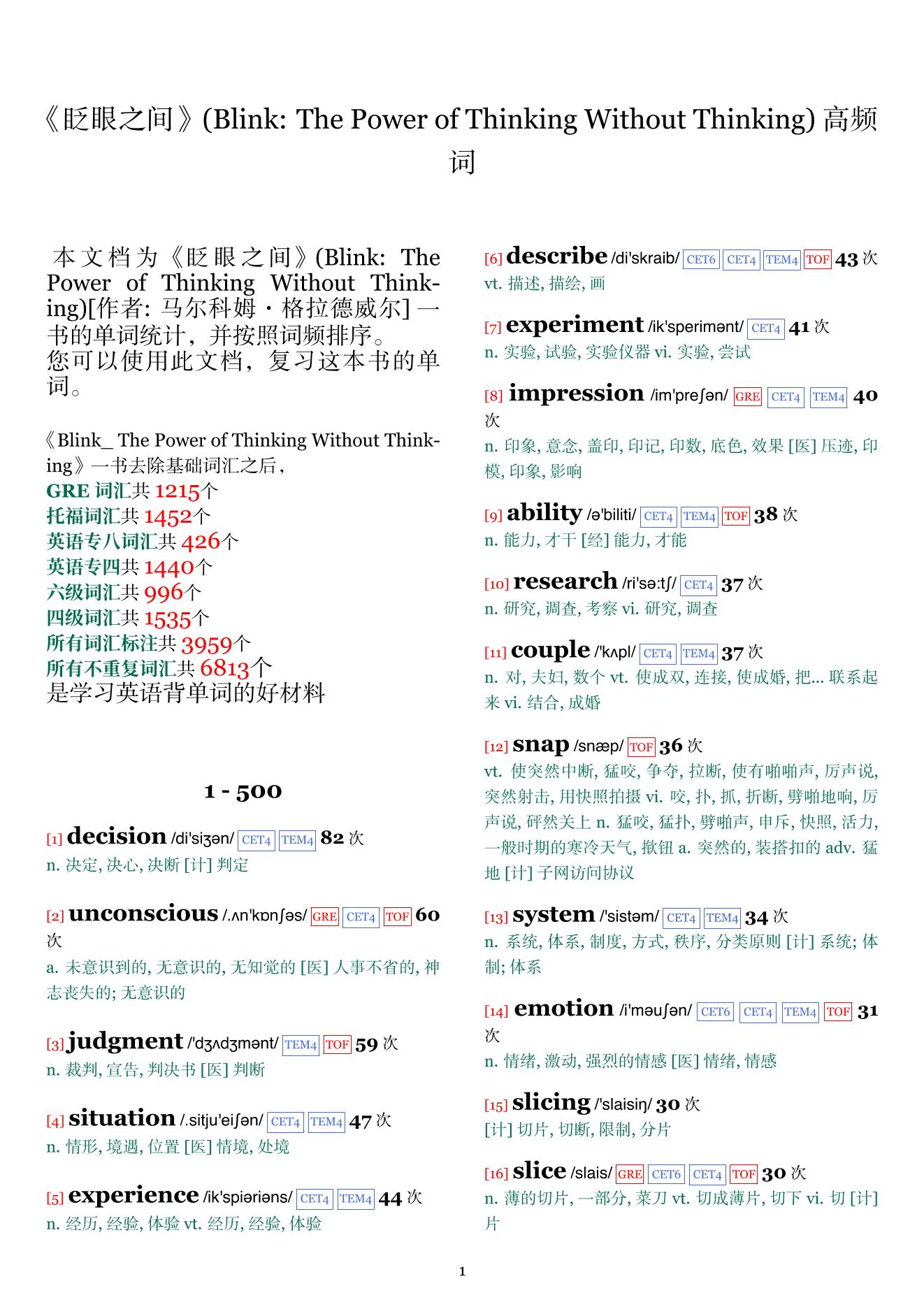 Blink: The Power of Thinking Without Thinking词频统计