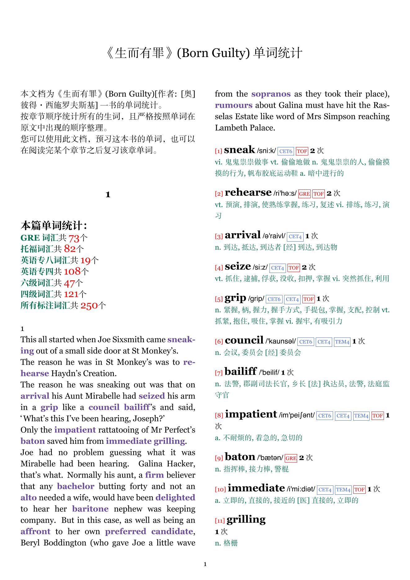 Born Guilty章节单词统计