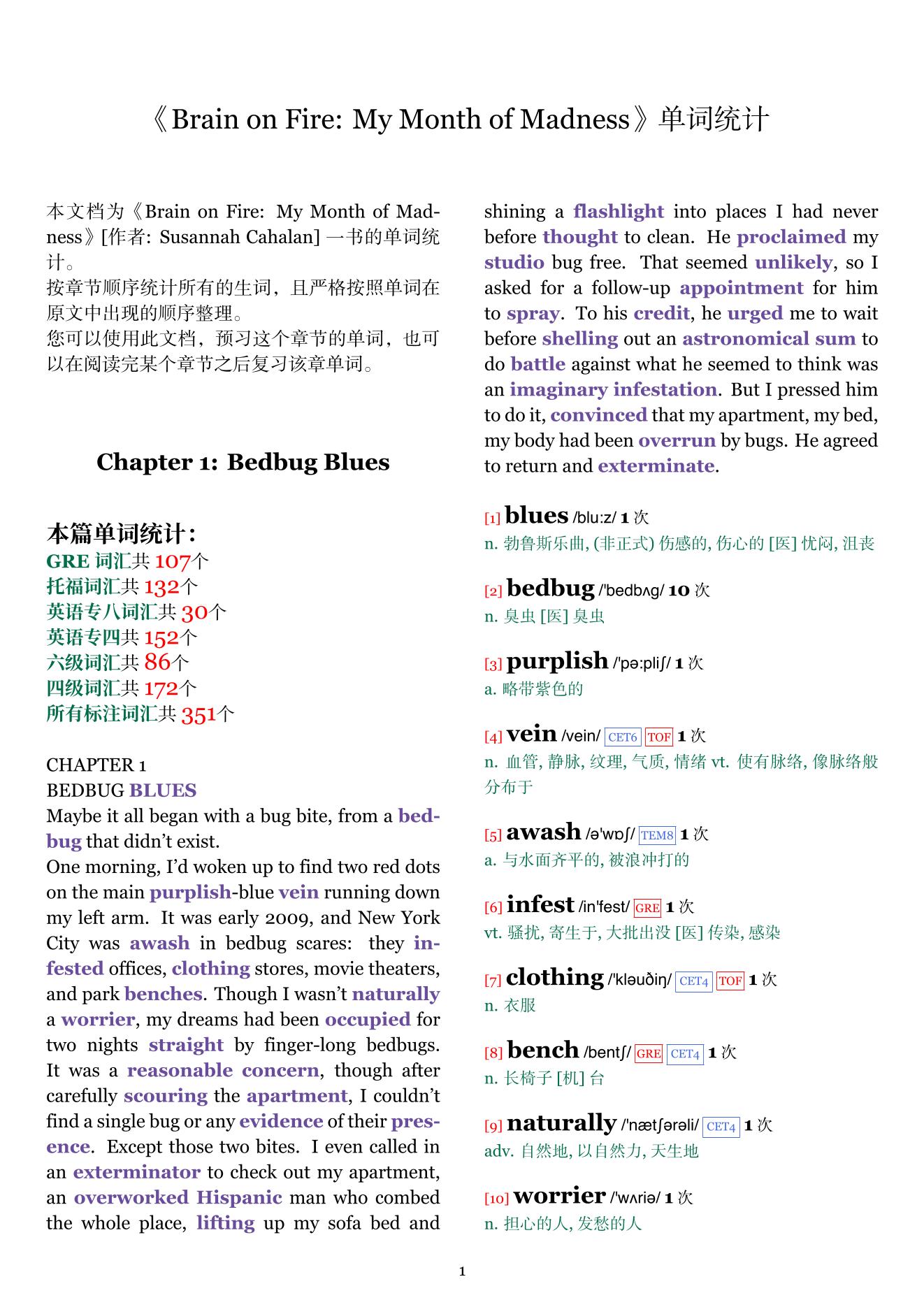 Brain on Fire: My Month of Madness章节单词统计