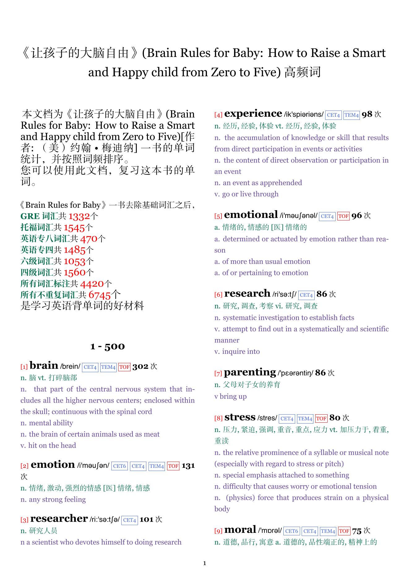 Brain Rules for Baby: How to Raise a Smart and Happy child from Zero to Five词频统计