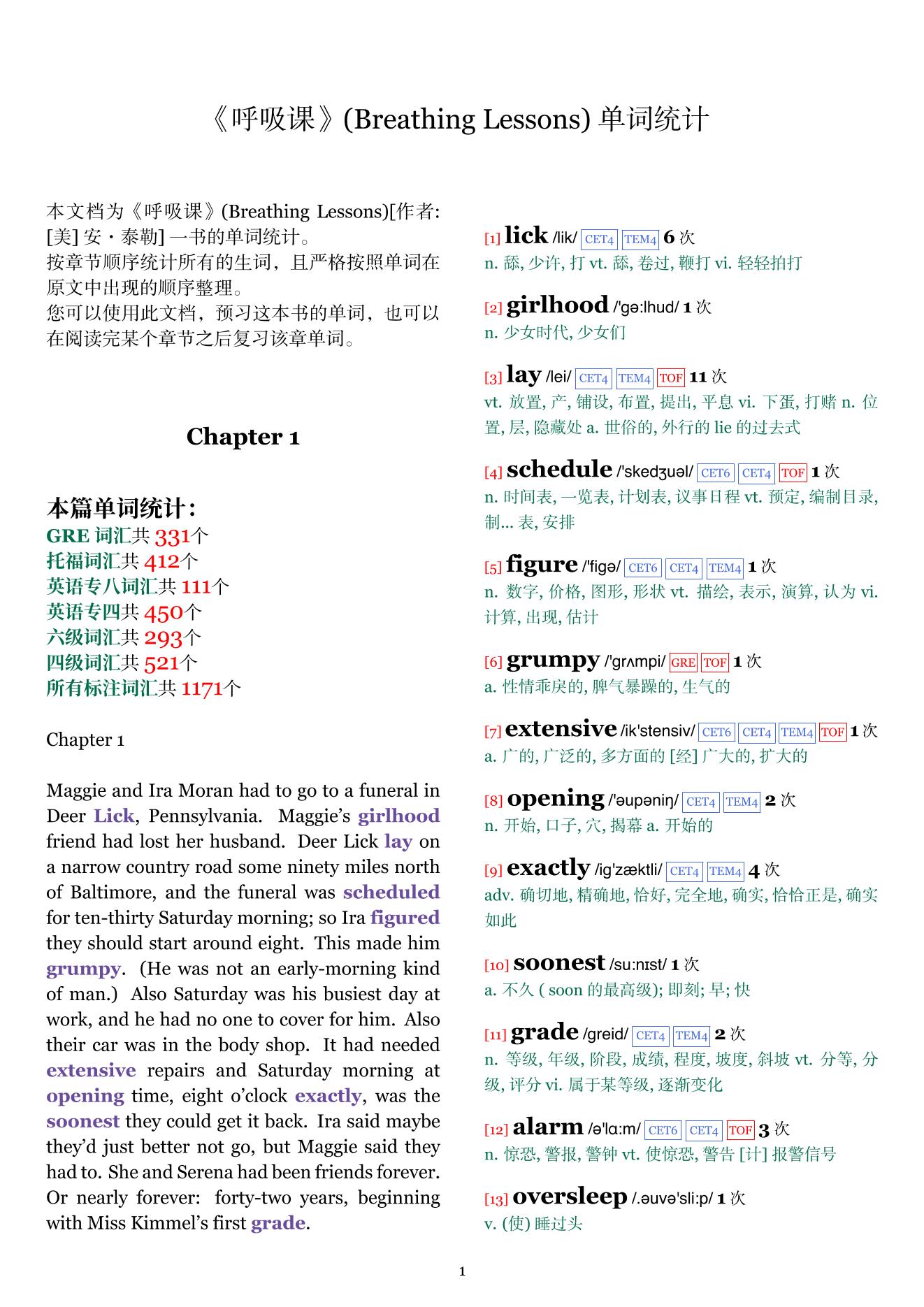 Breathing Lessons章节单词统计