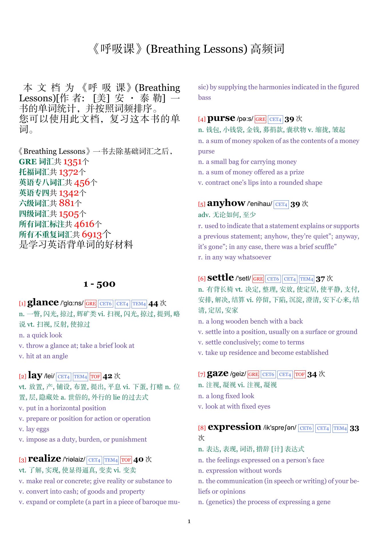 Breathing Lessons词频统计