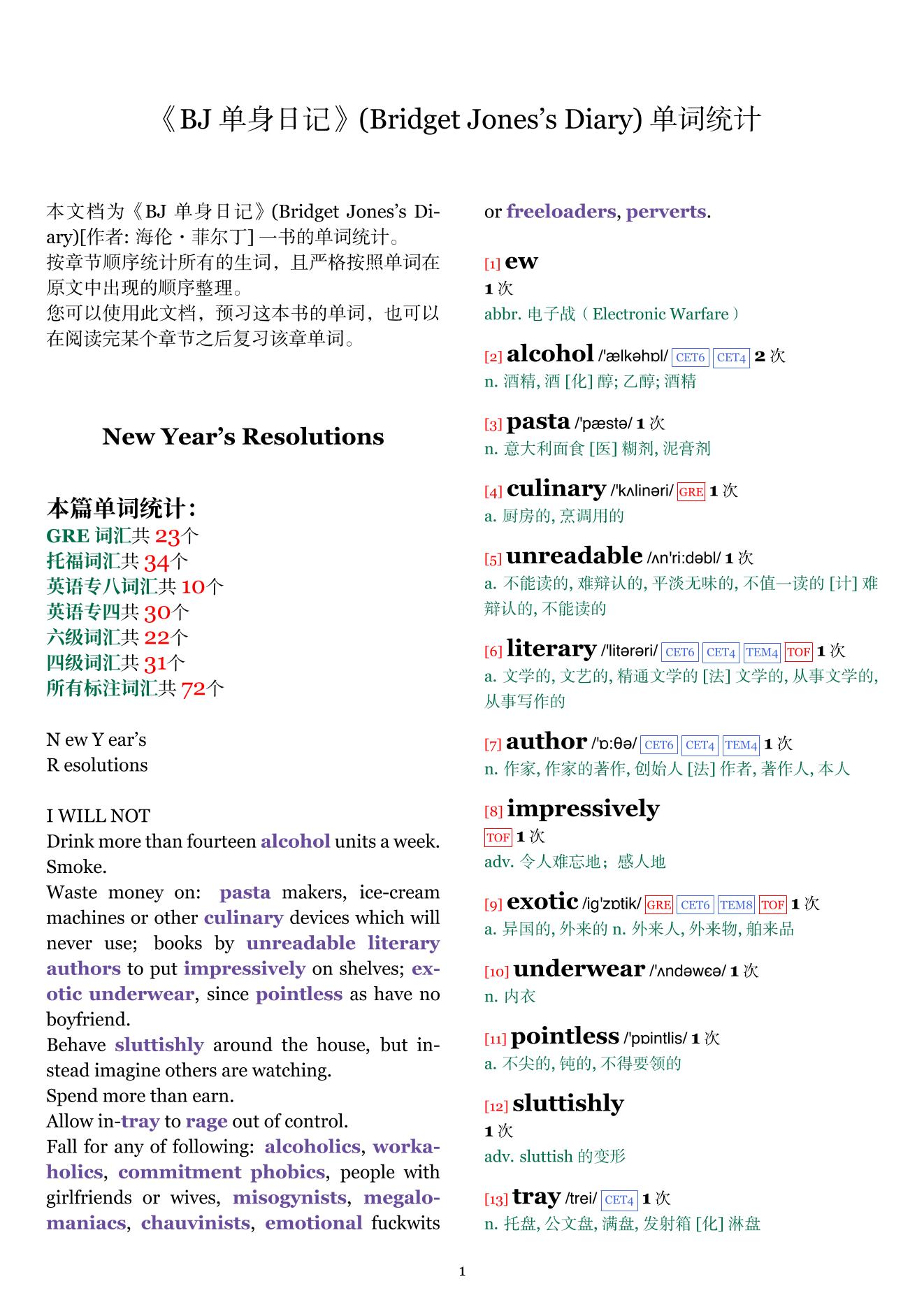 Bridget Jones's Diary章节单词统计