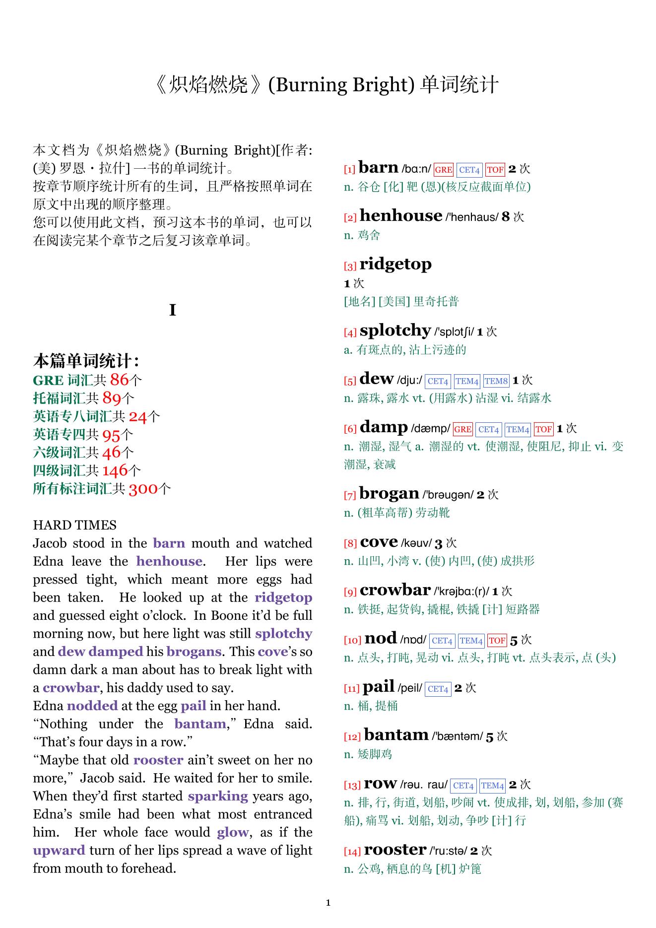 Burning Bright章节单词统计