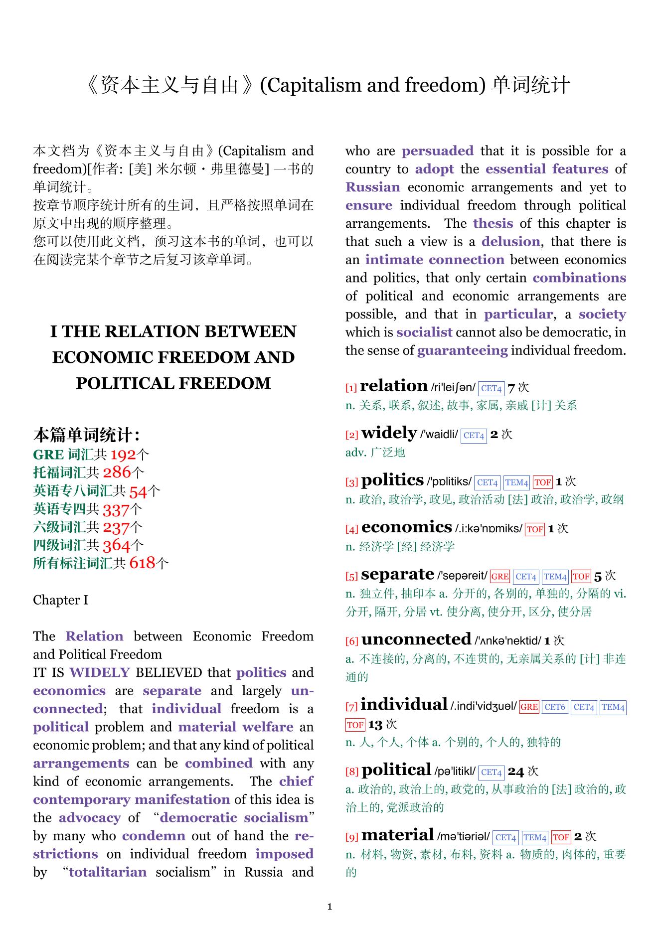 Capitalism and freedom章节单词统计