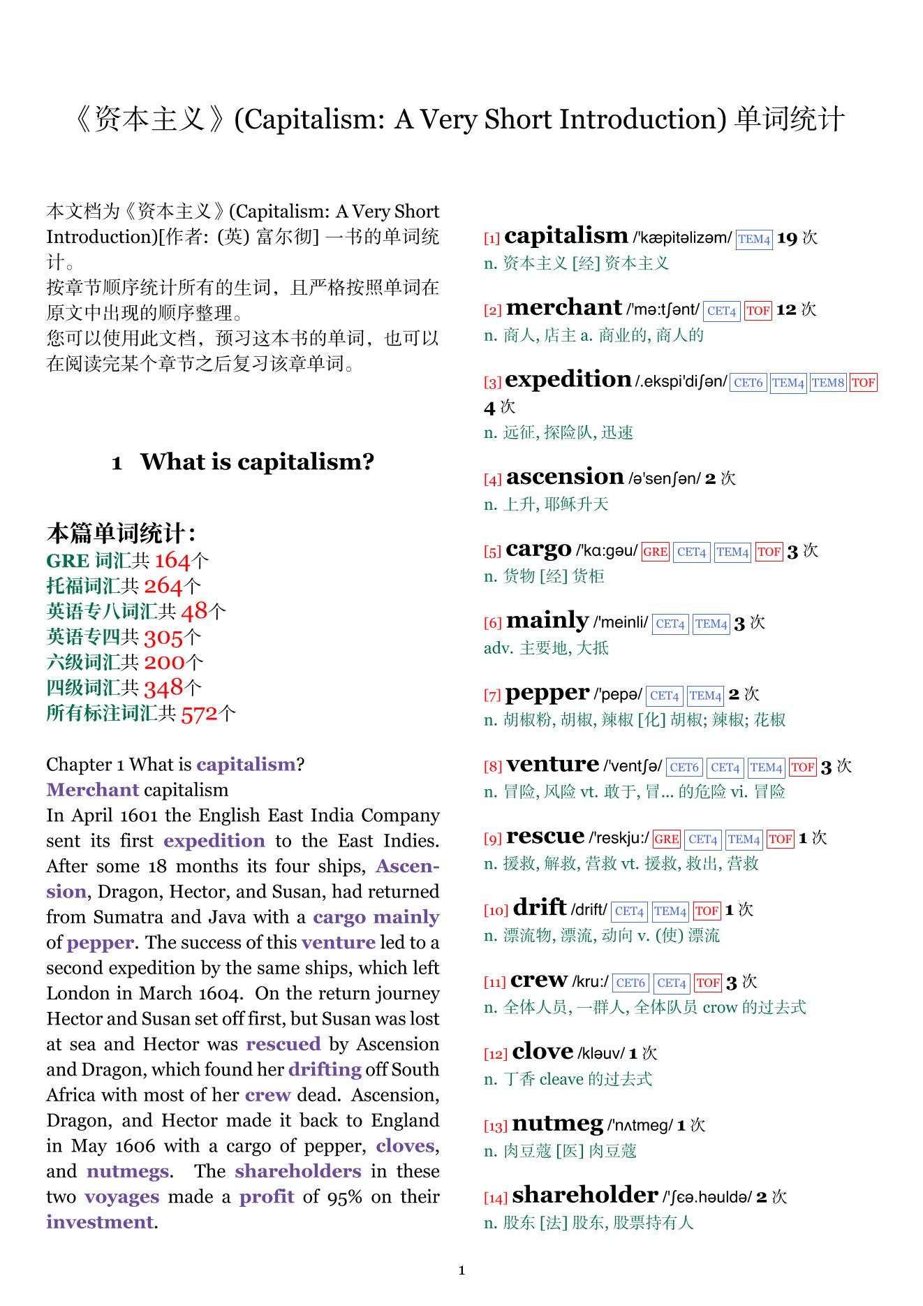 Capitalism: A Very Short Introduction章节单词统计