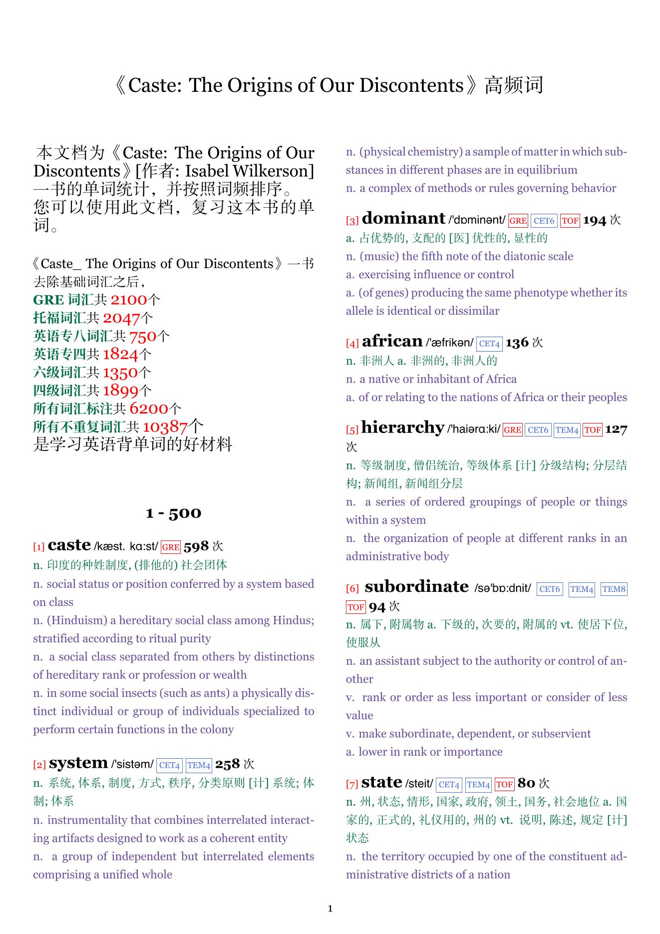 Caste: The Origins of Our Discontents词频统计