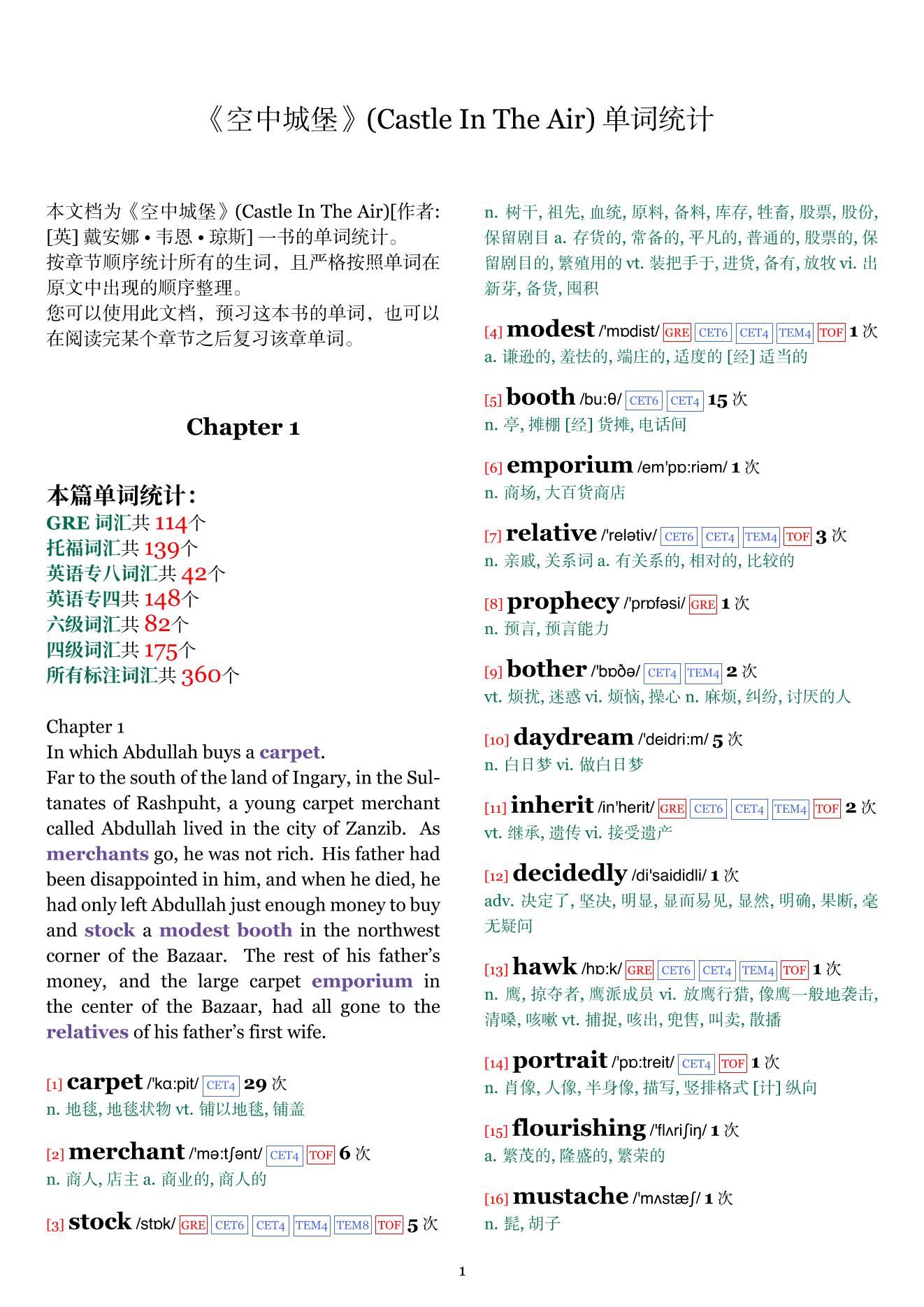 Castle In The Air章节单词统计