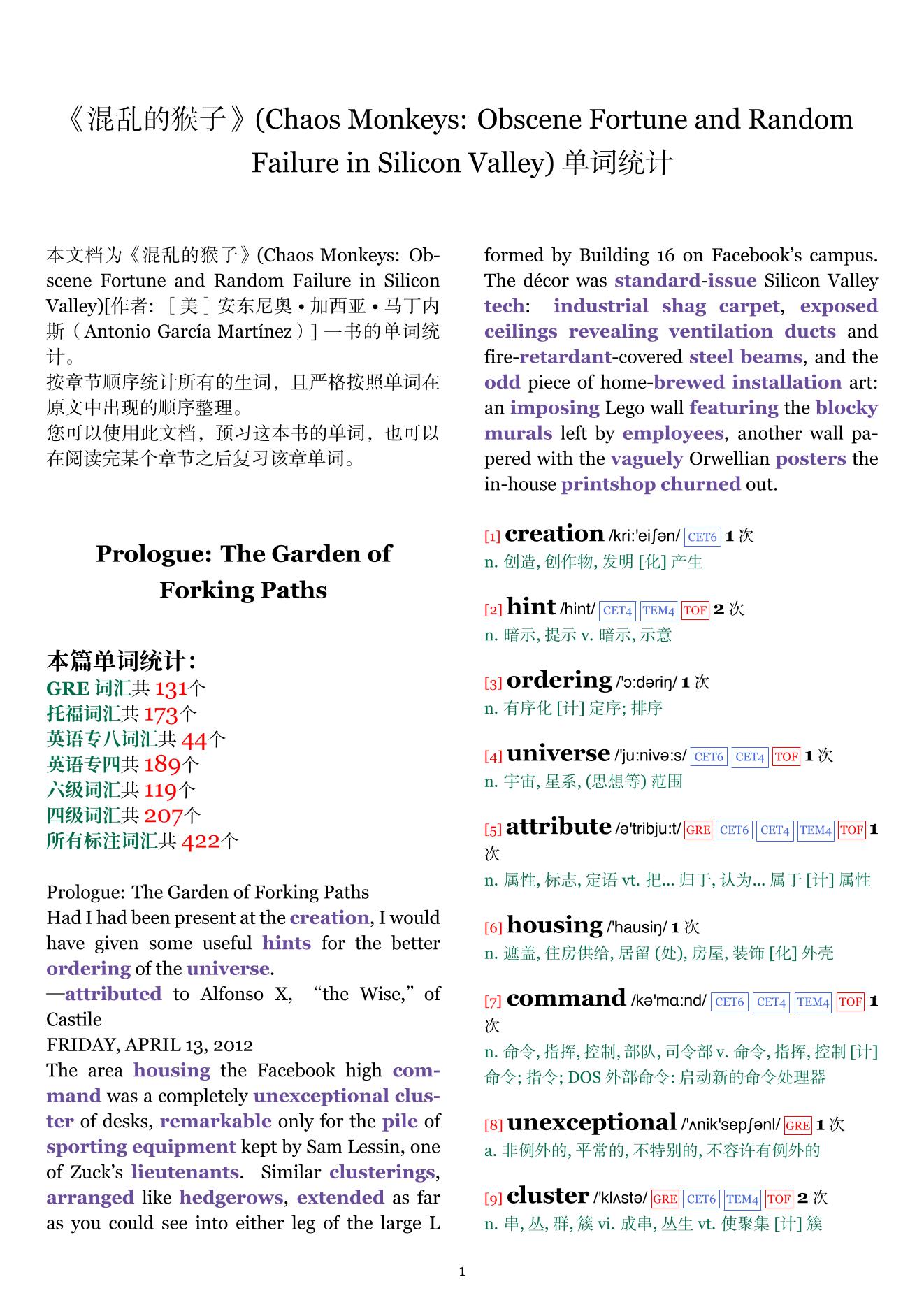 Chaos Monkeys: Obscene Fortune and Random Failure in Silicon Valley章节单词统计