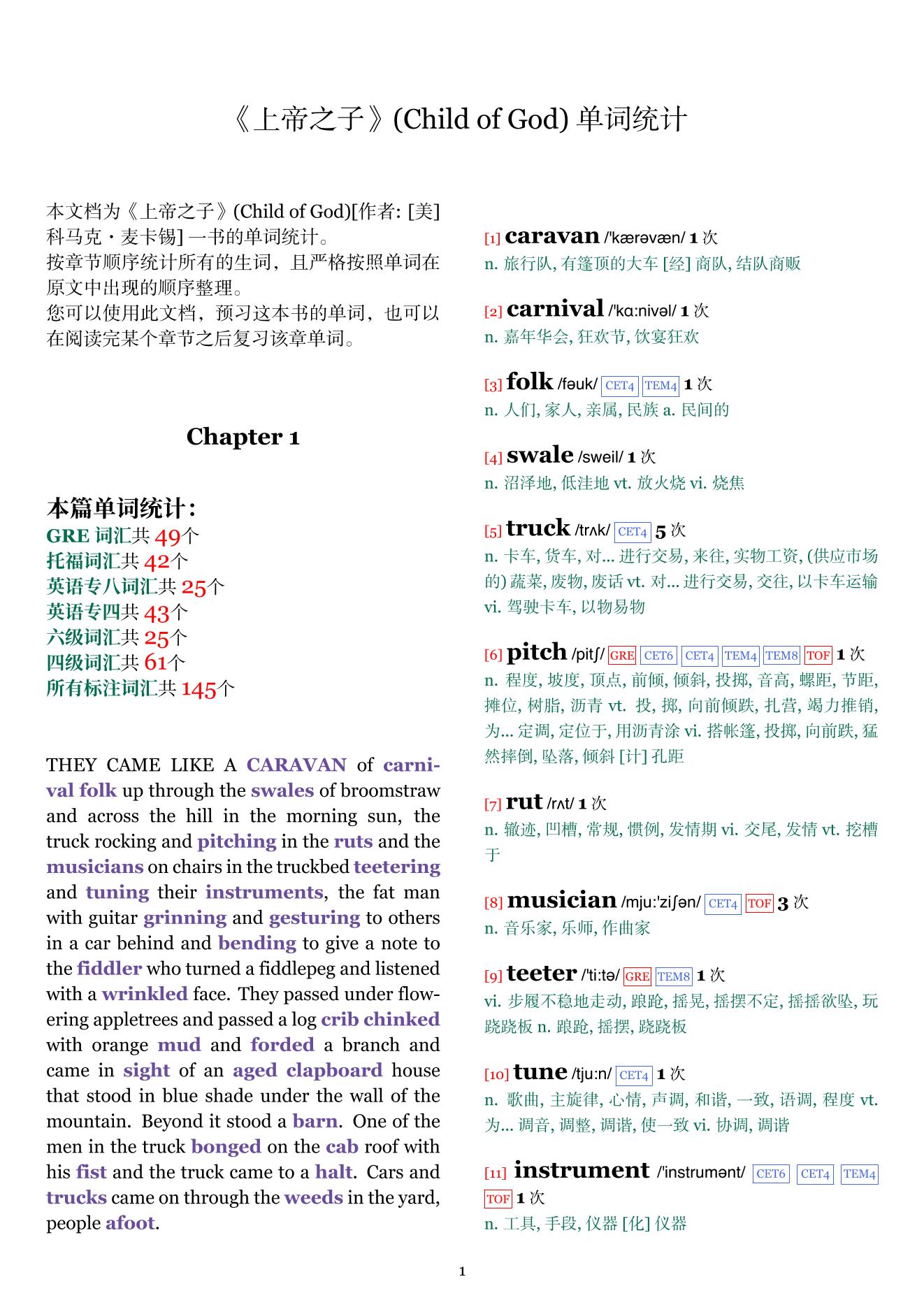 Child of God章节单词统计