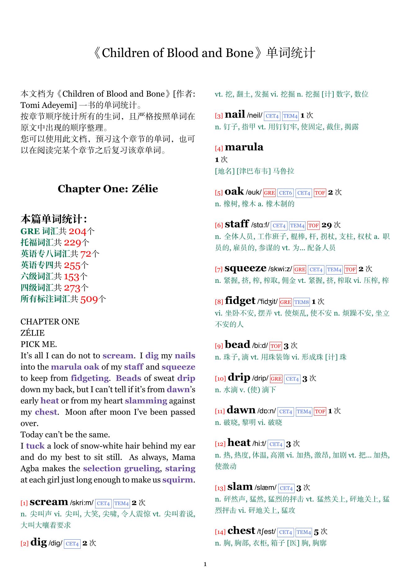 Children of Blood and Bone章节单词统计