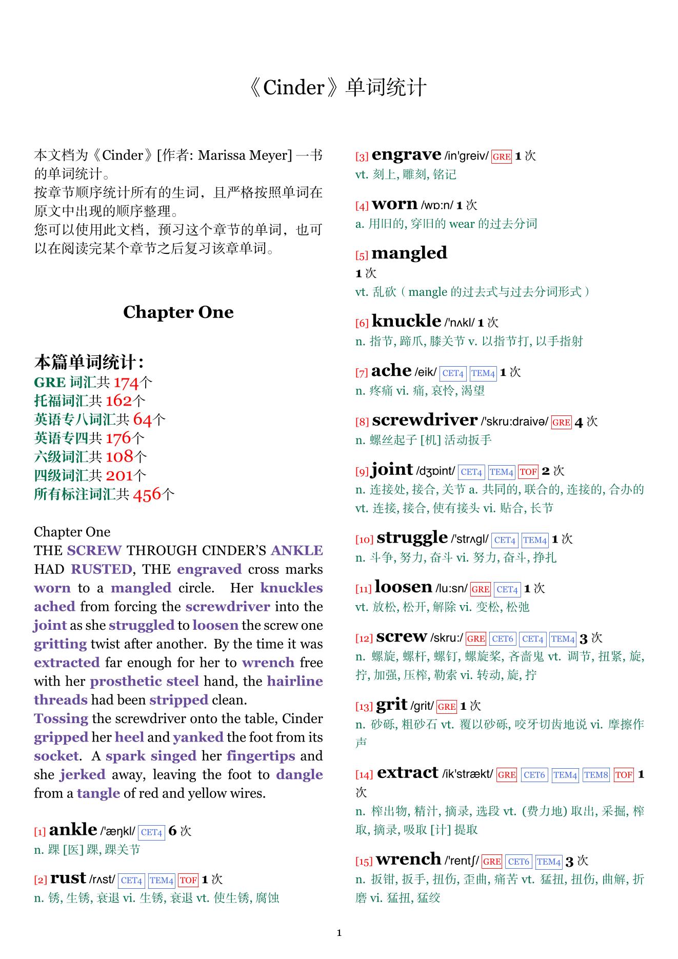 Cinder章节单词统计