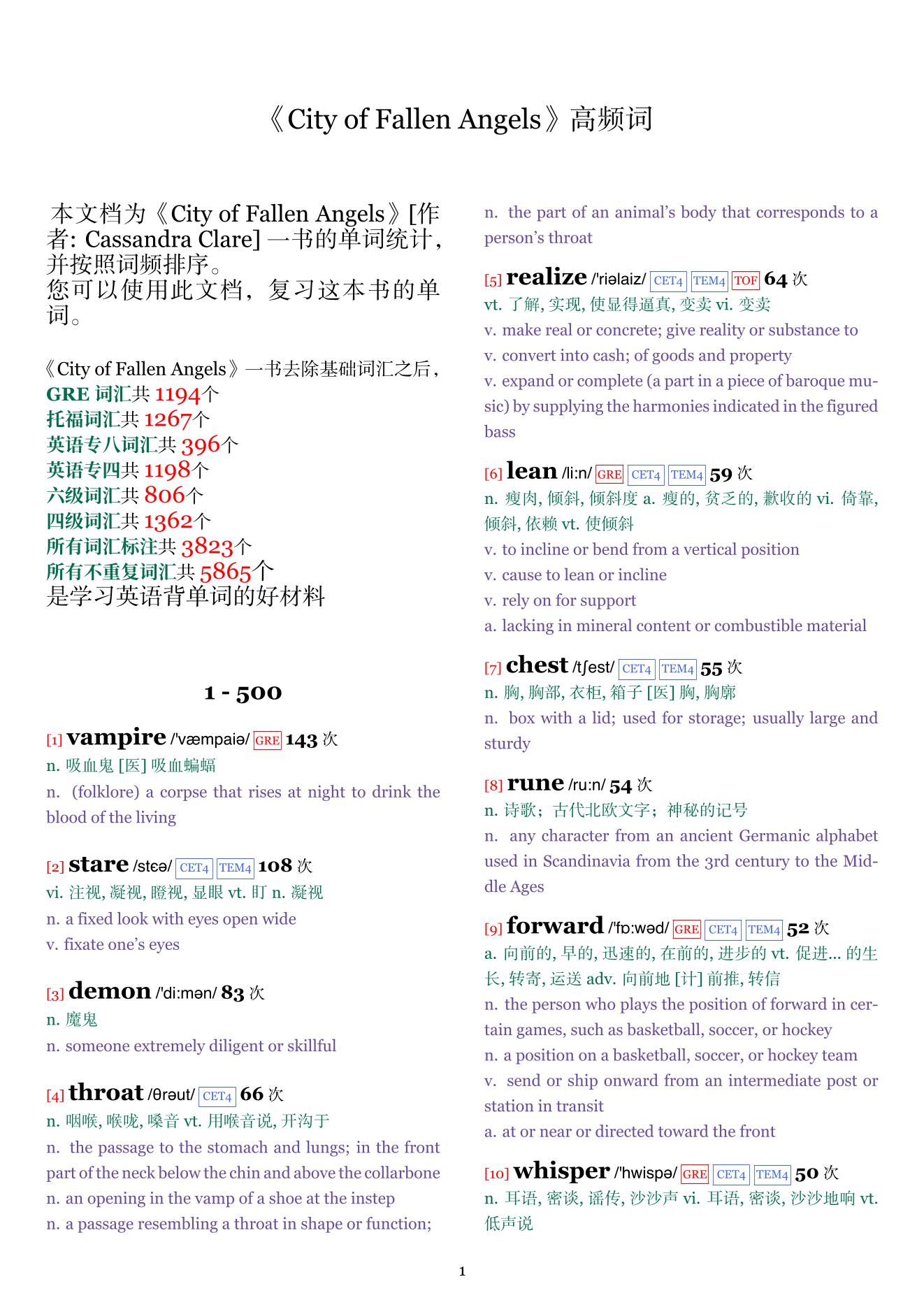 City of Fallen Angels词频统计