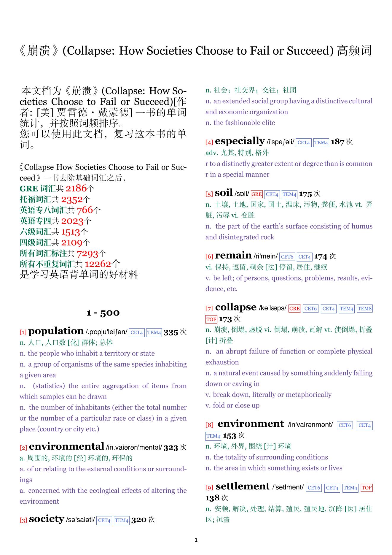 Collapse: How Societies Choose to Fail or Succeed词频统计