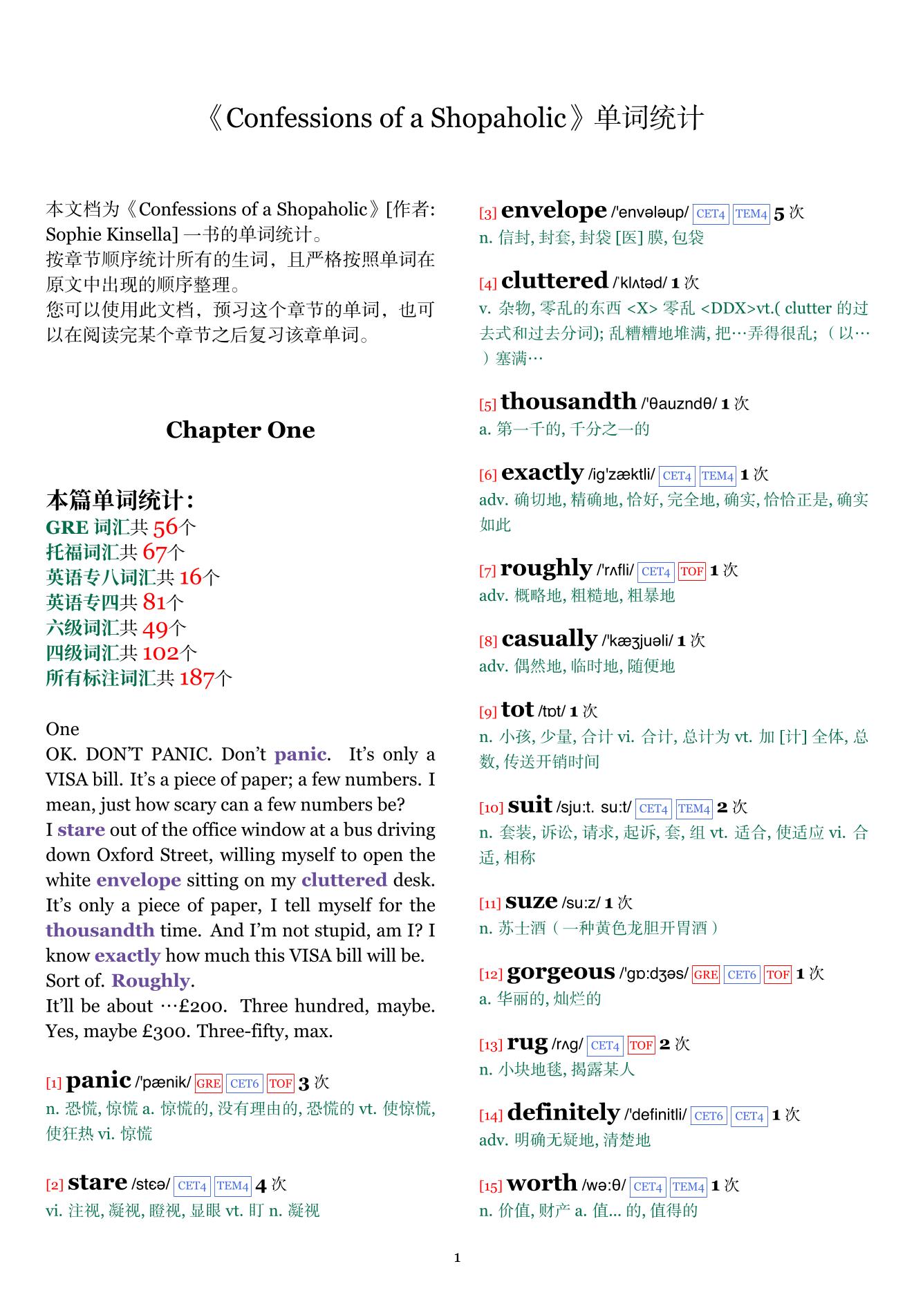 Confessions of a Shopaholic章节单词统计