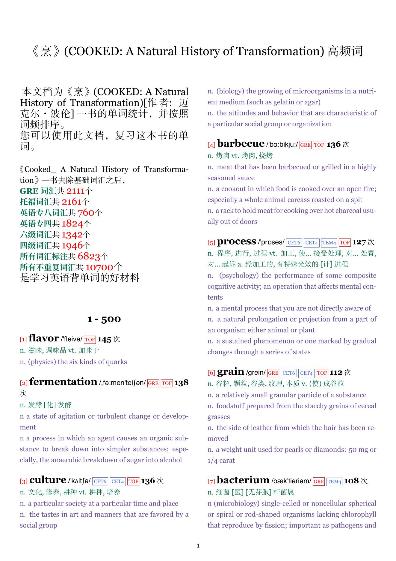 COOKED: A Natural History of Transformation词频统计