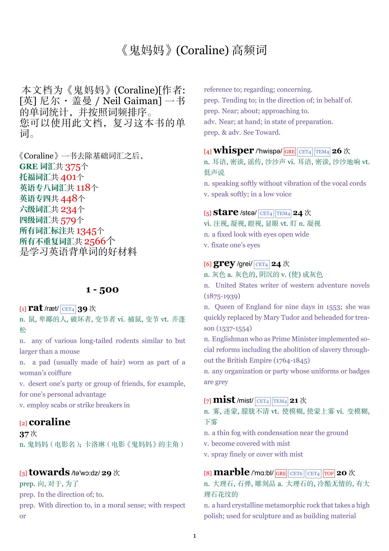 Coraline词频统计
