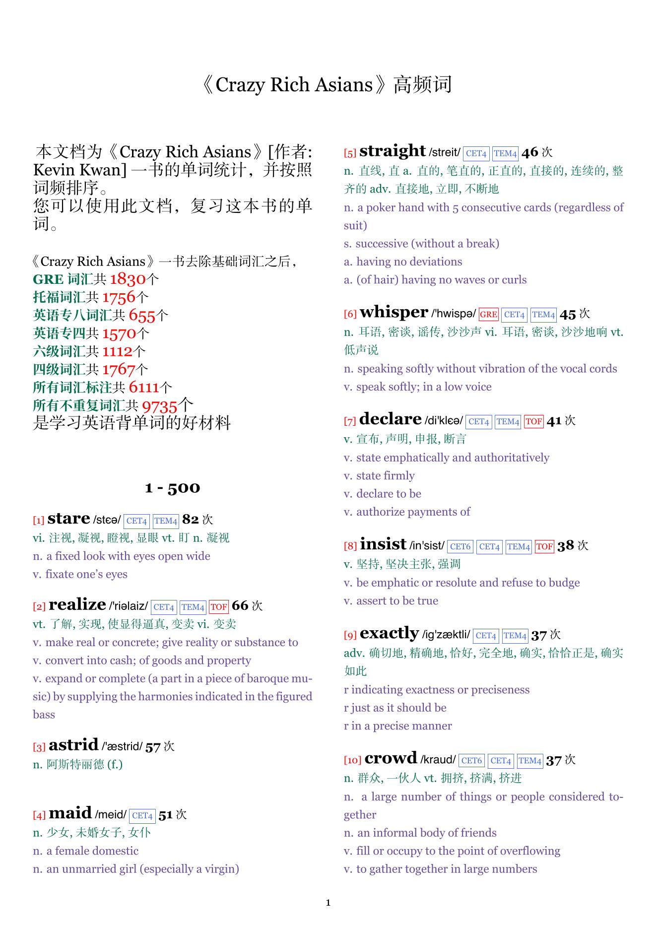 Crazy Rich Asians词频统计
