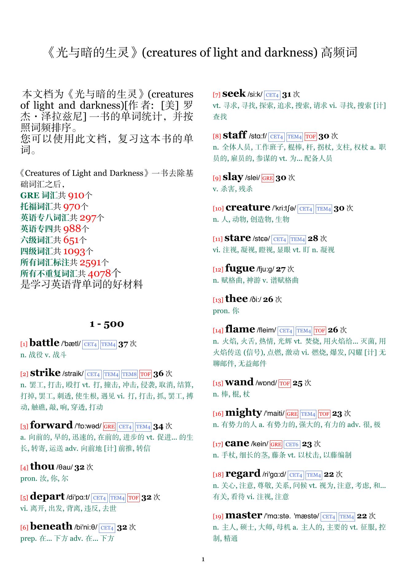 creatures of light and darkness词频统计
