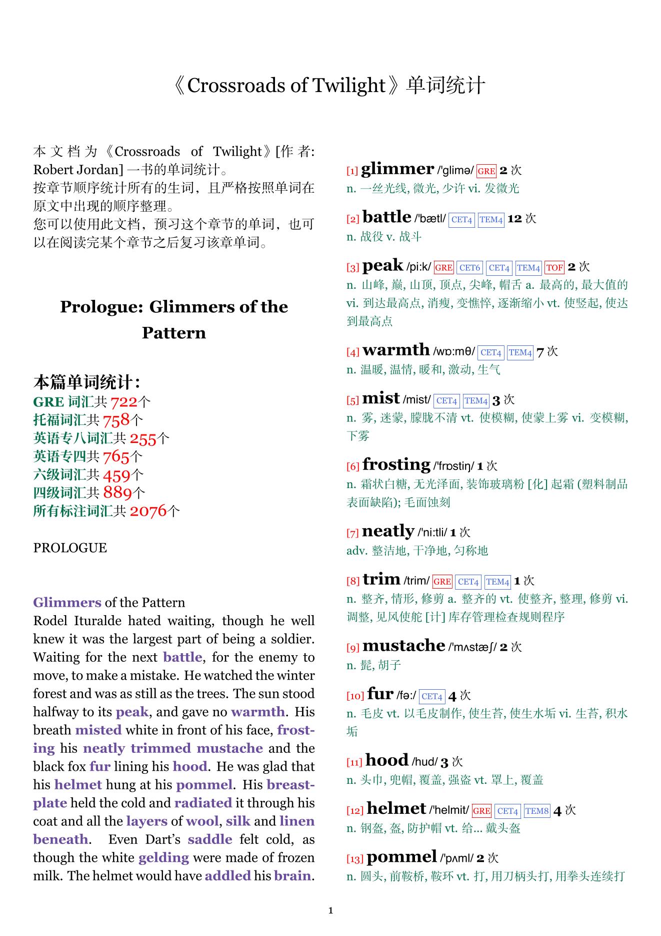 Crossroads of Twilight章节单词统计