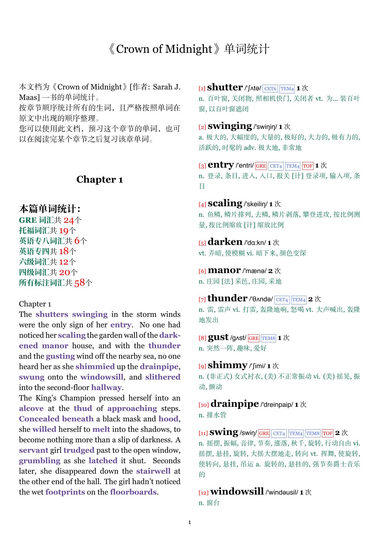 Crown of Midnight章节单词统计