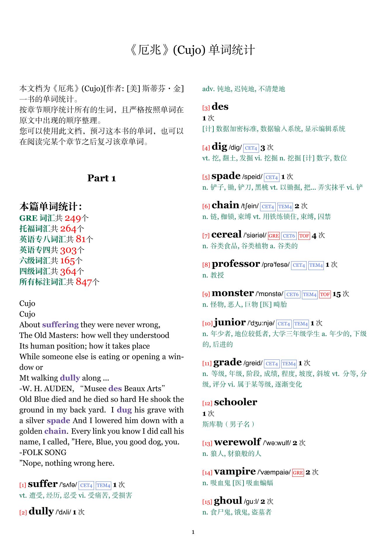 Cujo章节单词统计