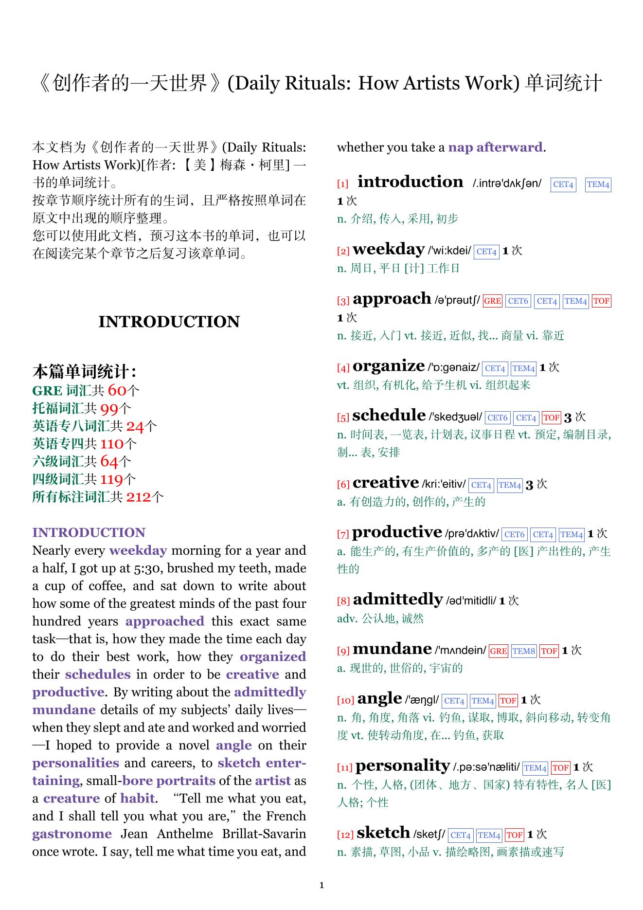 Daily Rituals: How Artists Work章节单词统计