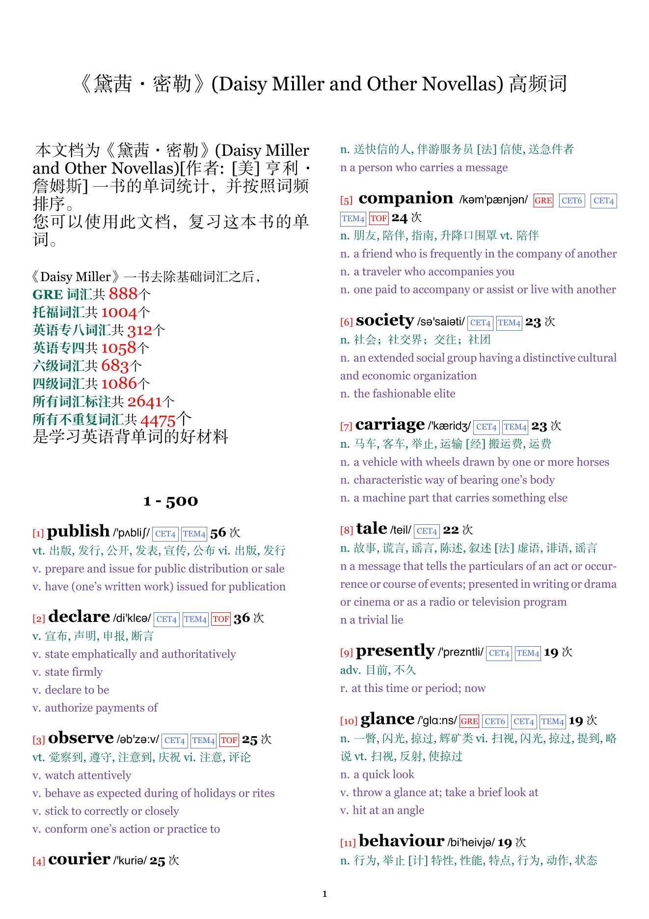 Daisy Miller and Other Novellas词频统计
