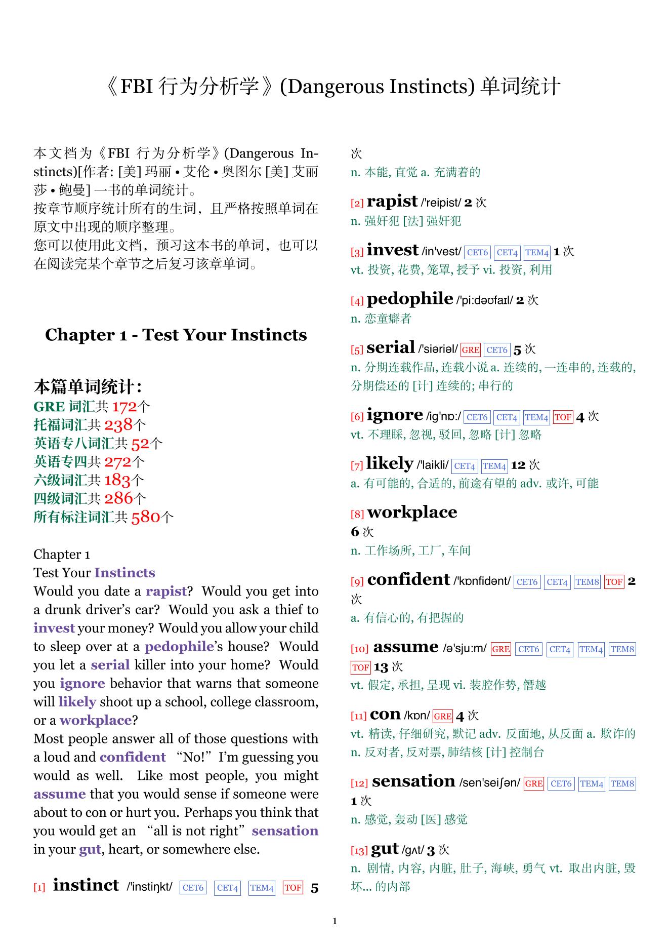 Dangerous Instincts章节单词统计