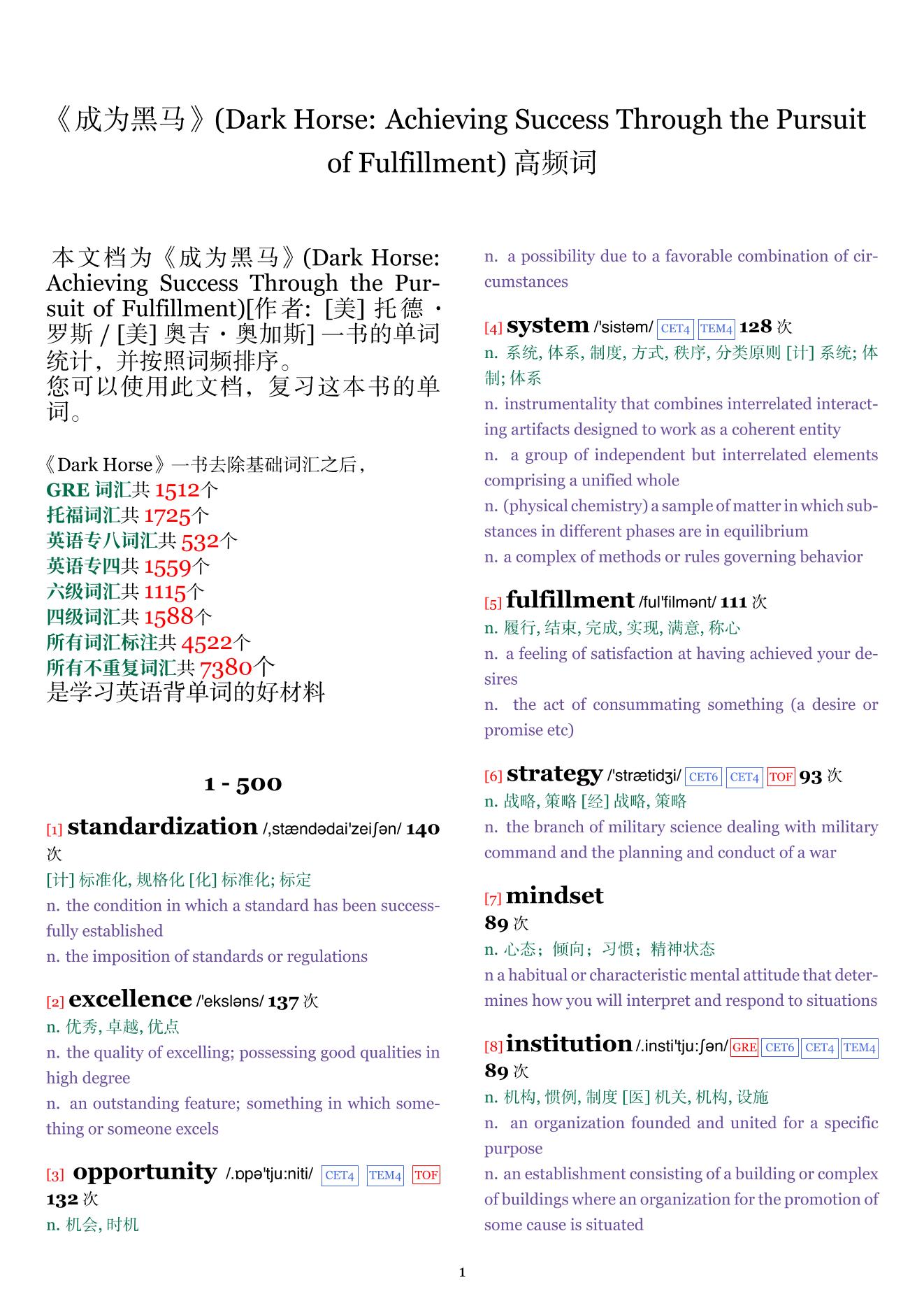 Dark Horse: Achieving Success Through the Pursuit of Fulfillment词频统计