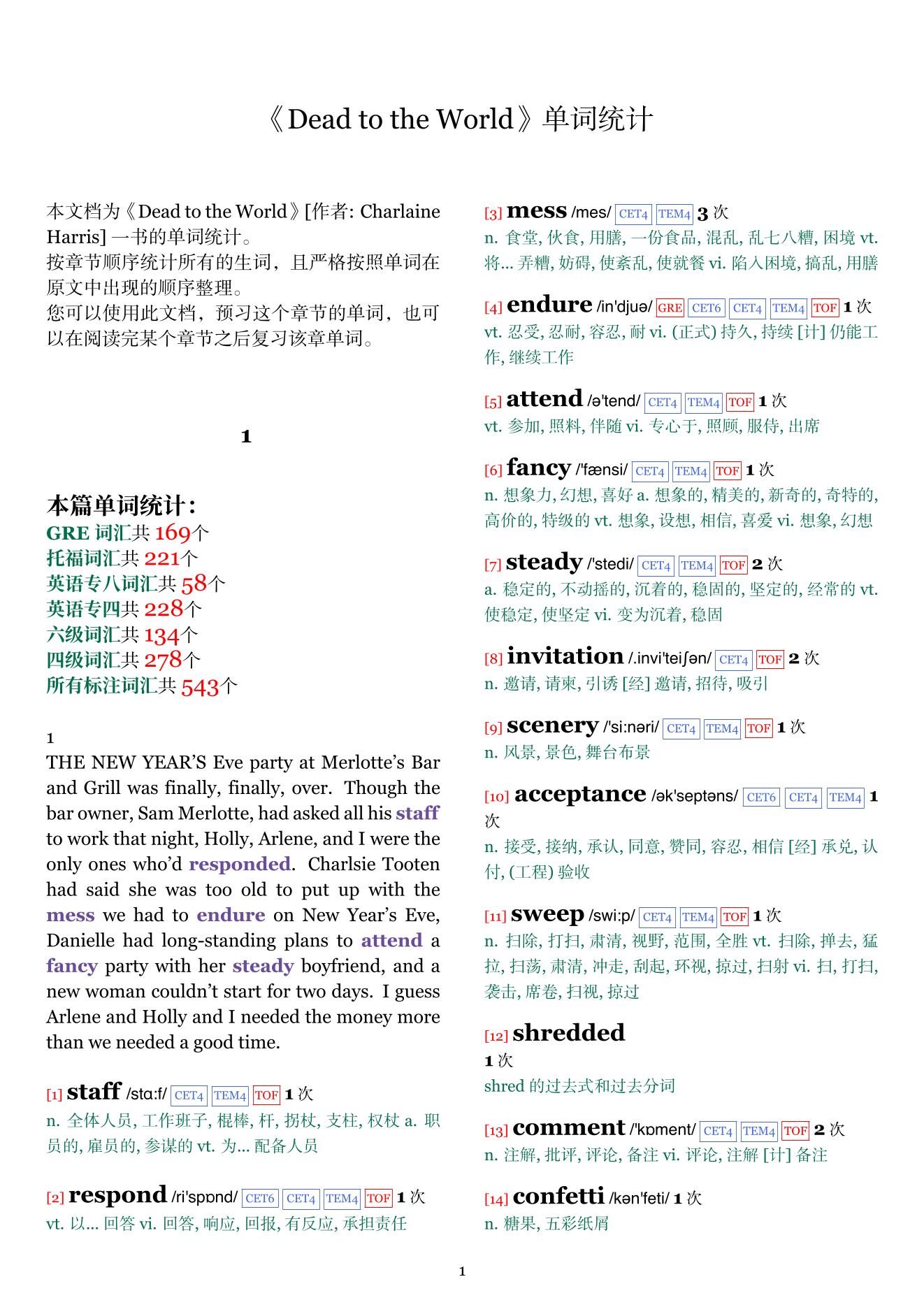 Dead to the World章节单词统计