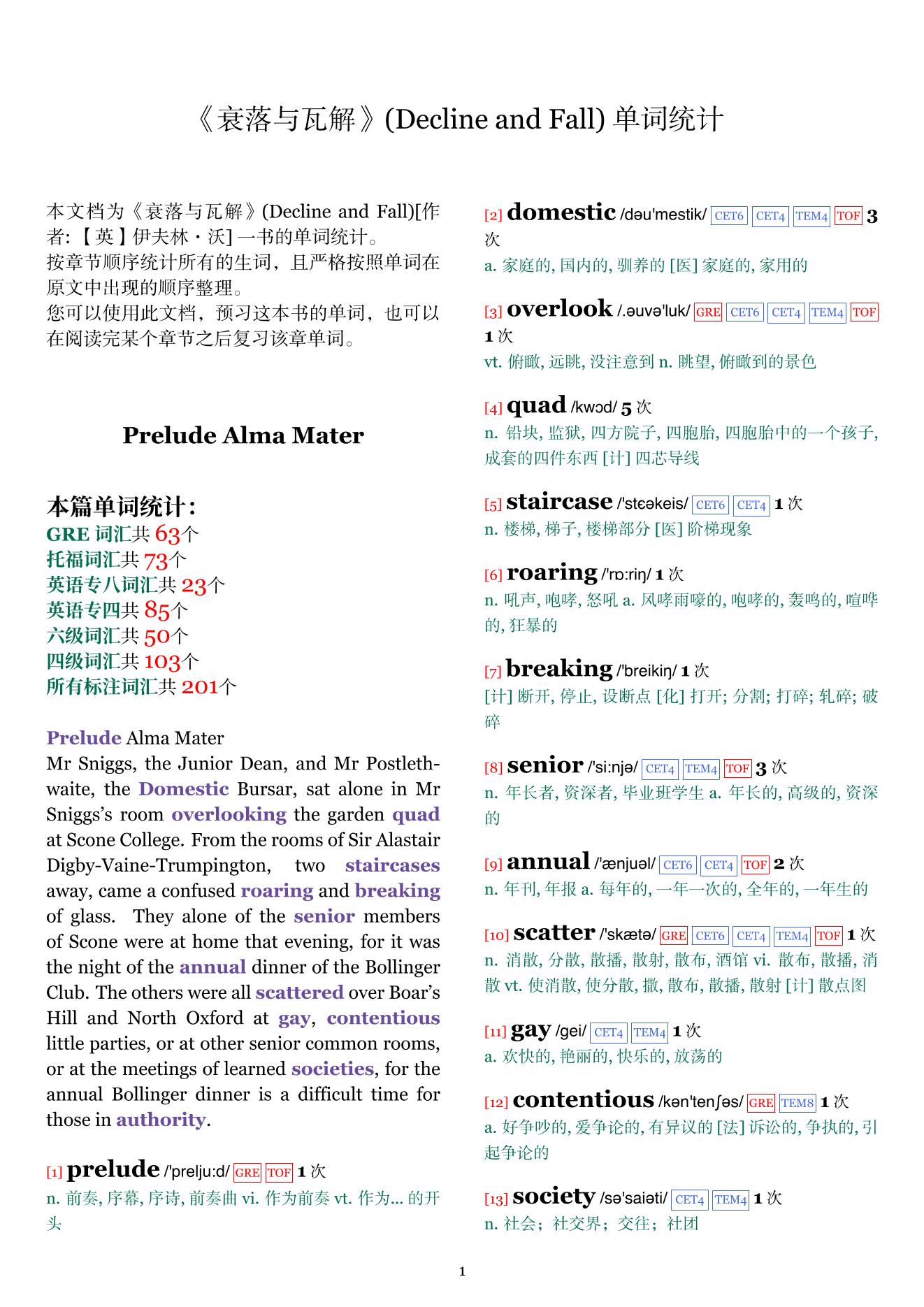 Decline and Fall章节单词统计