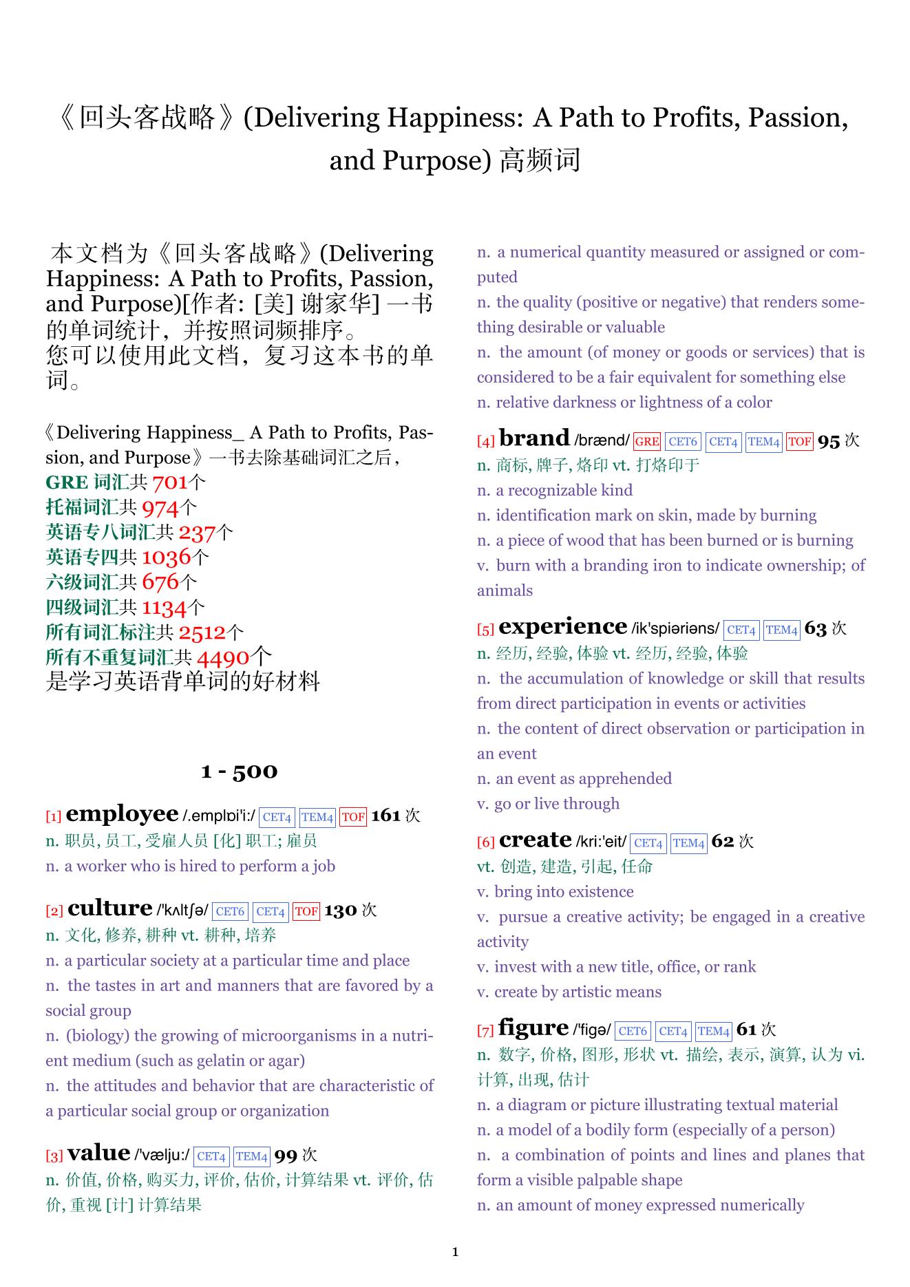 Delivering Happiness: A Path to Profits, Passion, and Purpose词频统计