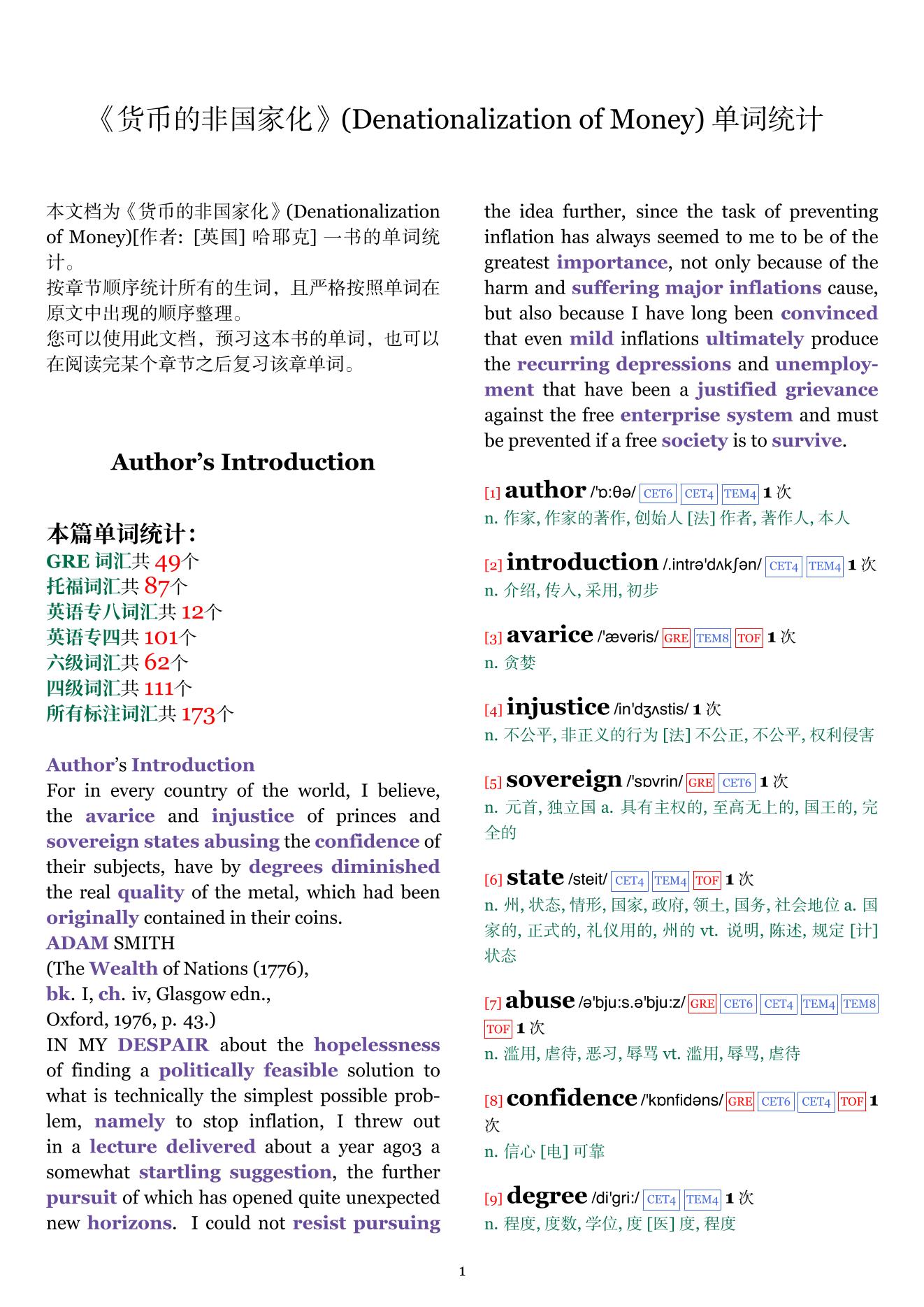 Denationalization of Money章节单词统计