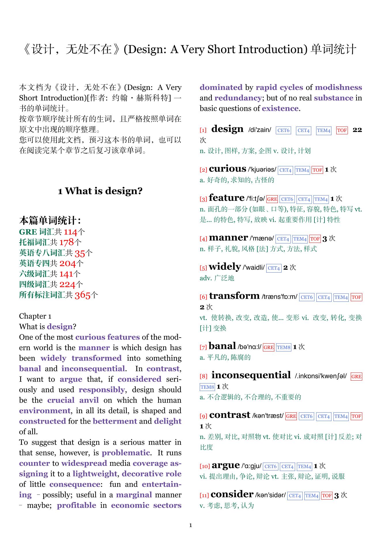 Design: A Very Short Introduction章节单词统计