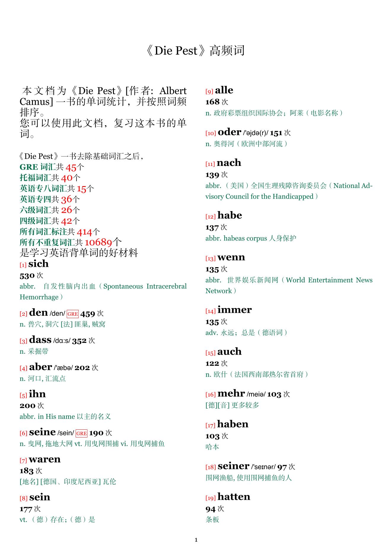 Die Pest词频统计