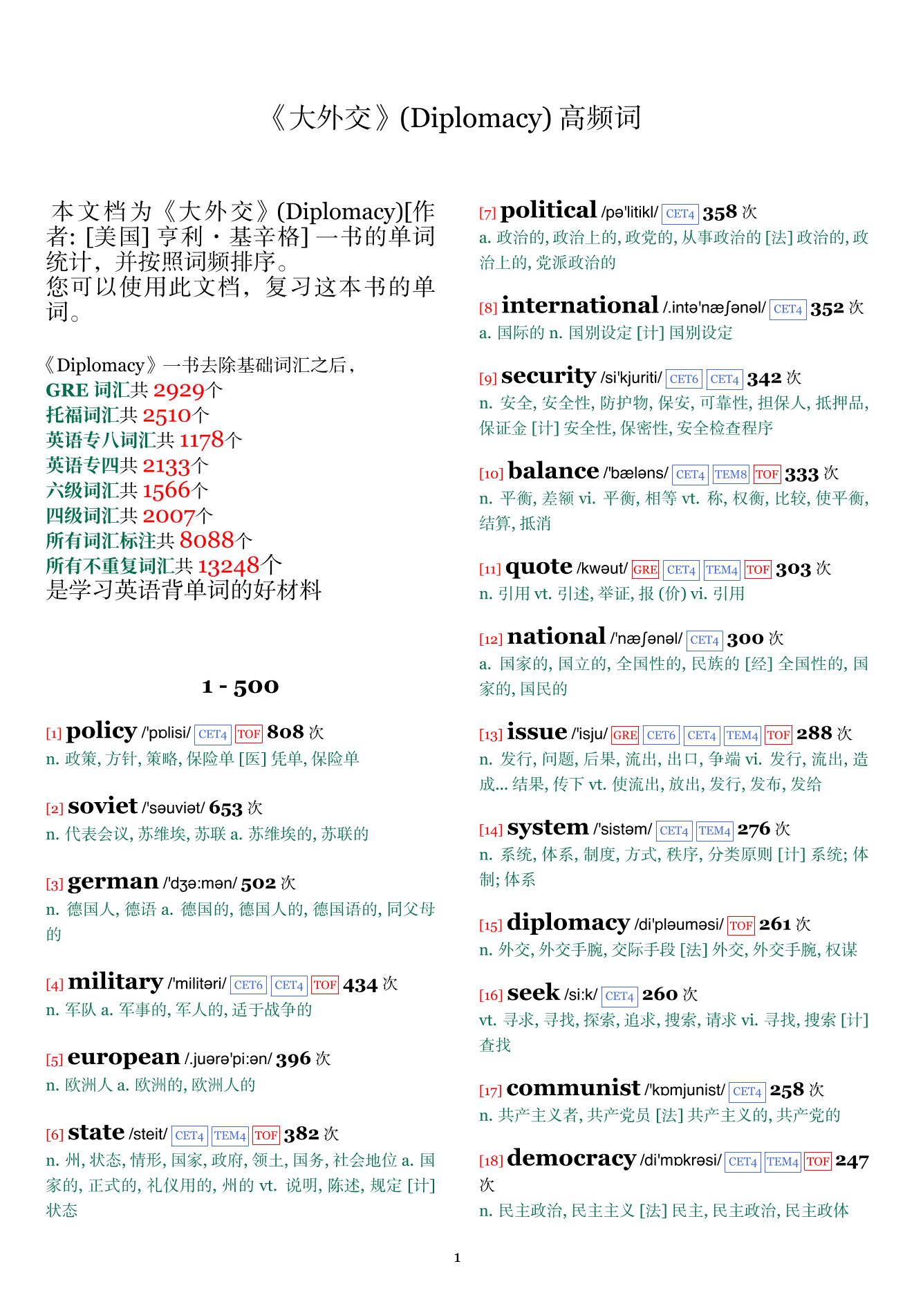 Diplomacy词频统计