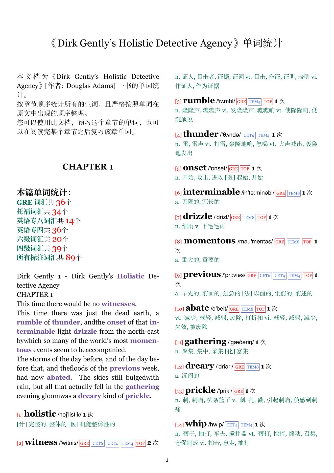 Dirk Gently's Holistic Detective Agency章节单词统计