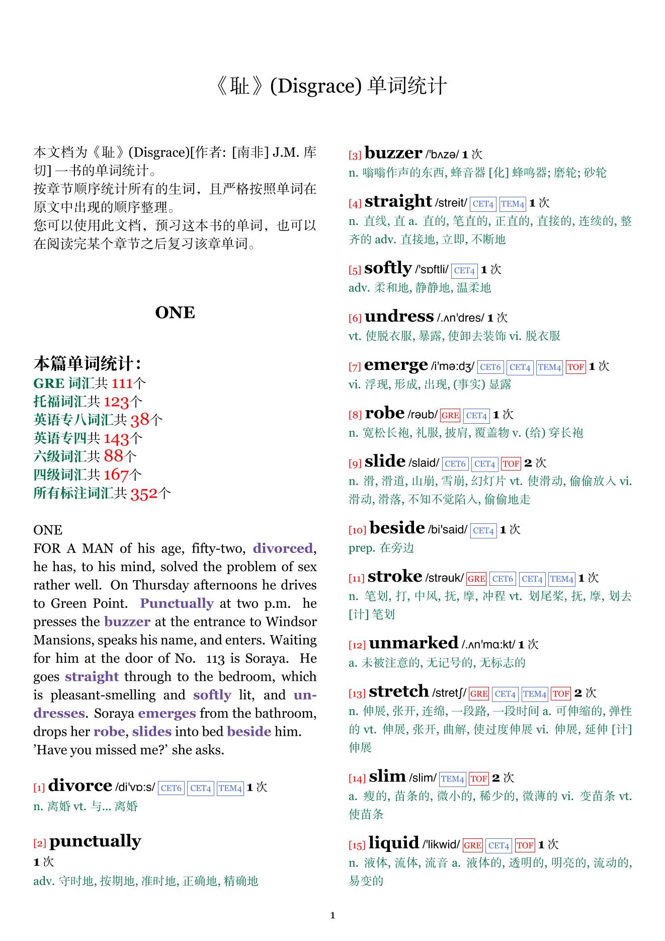 Disgrace章节单词统计