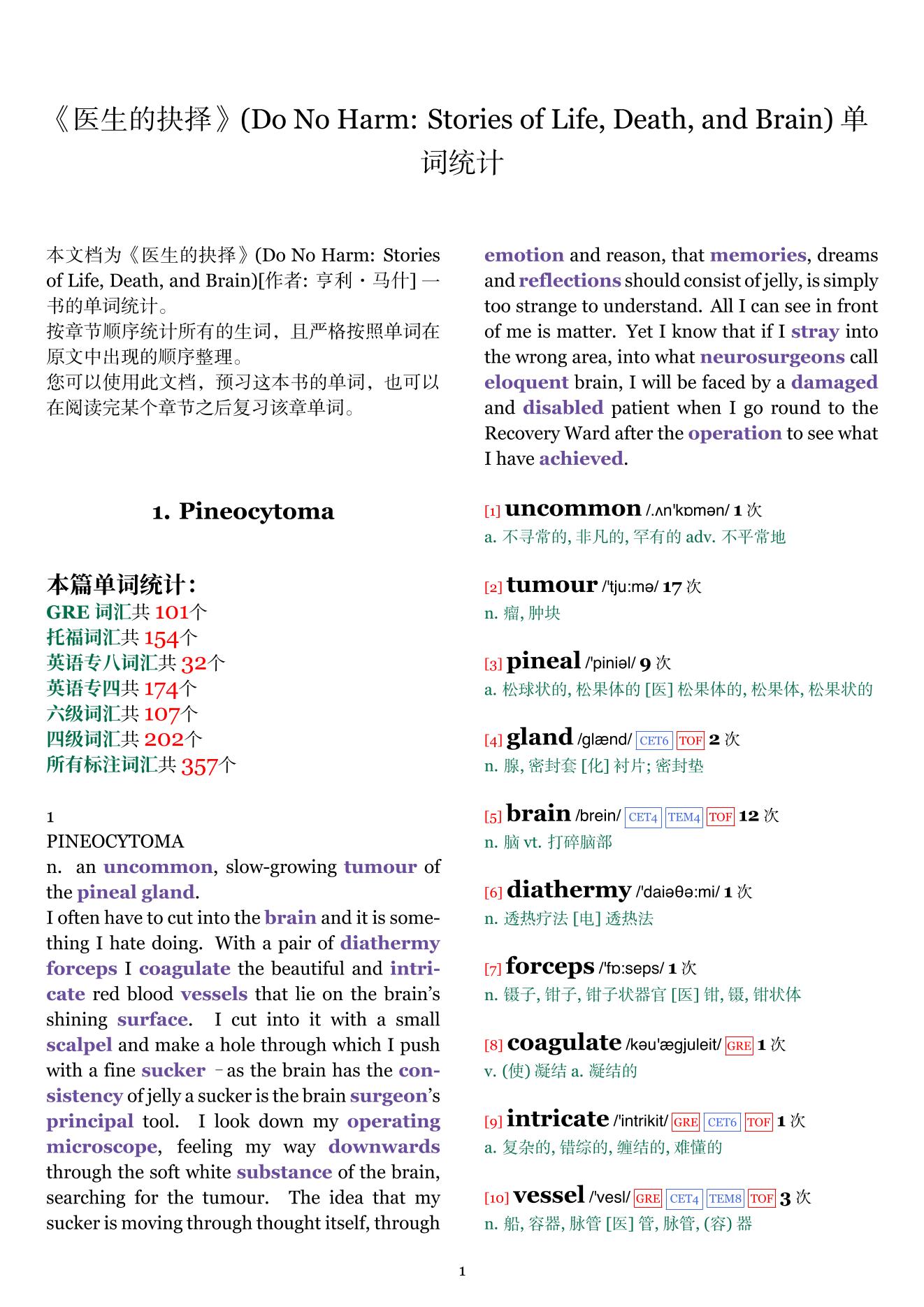 Do No Harm: Stories of Life, Death, and Brain章节单词统计