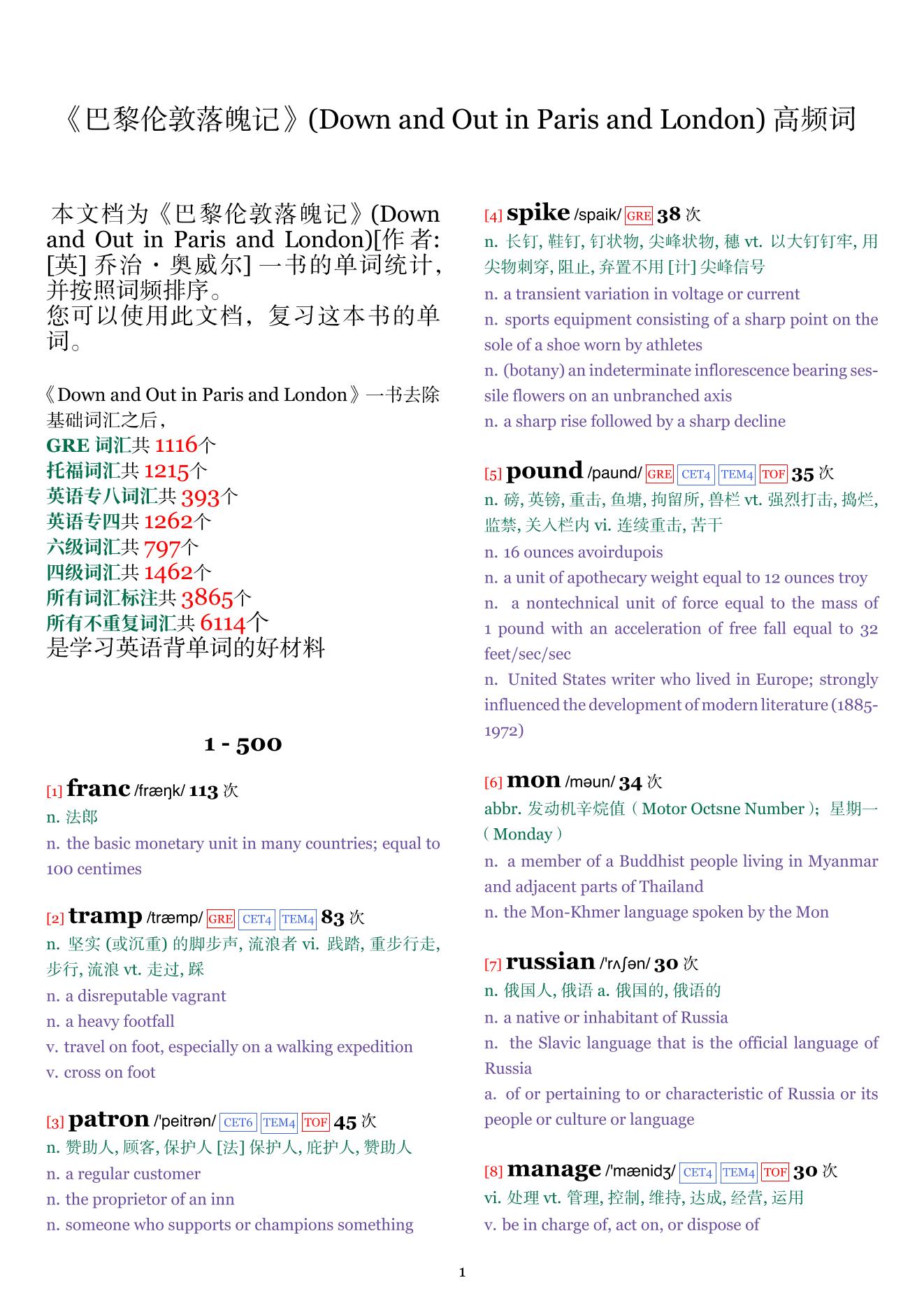Down and Out in Paris and London词频统计