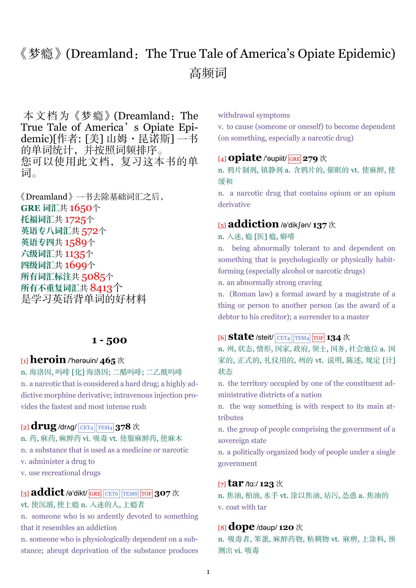 Dreamland:The True Tale of America’s Opiate Epidemic词频统计